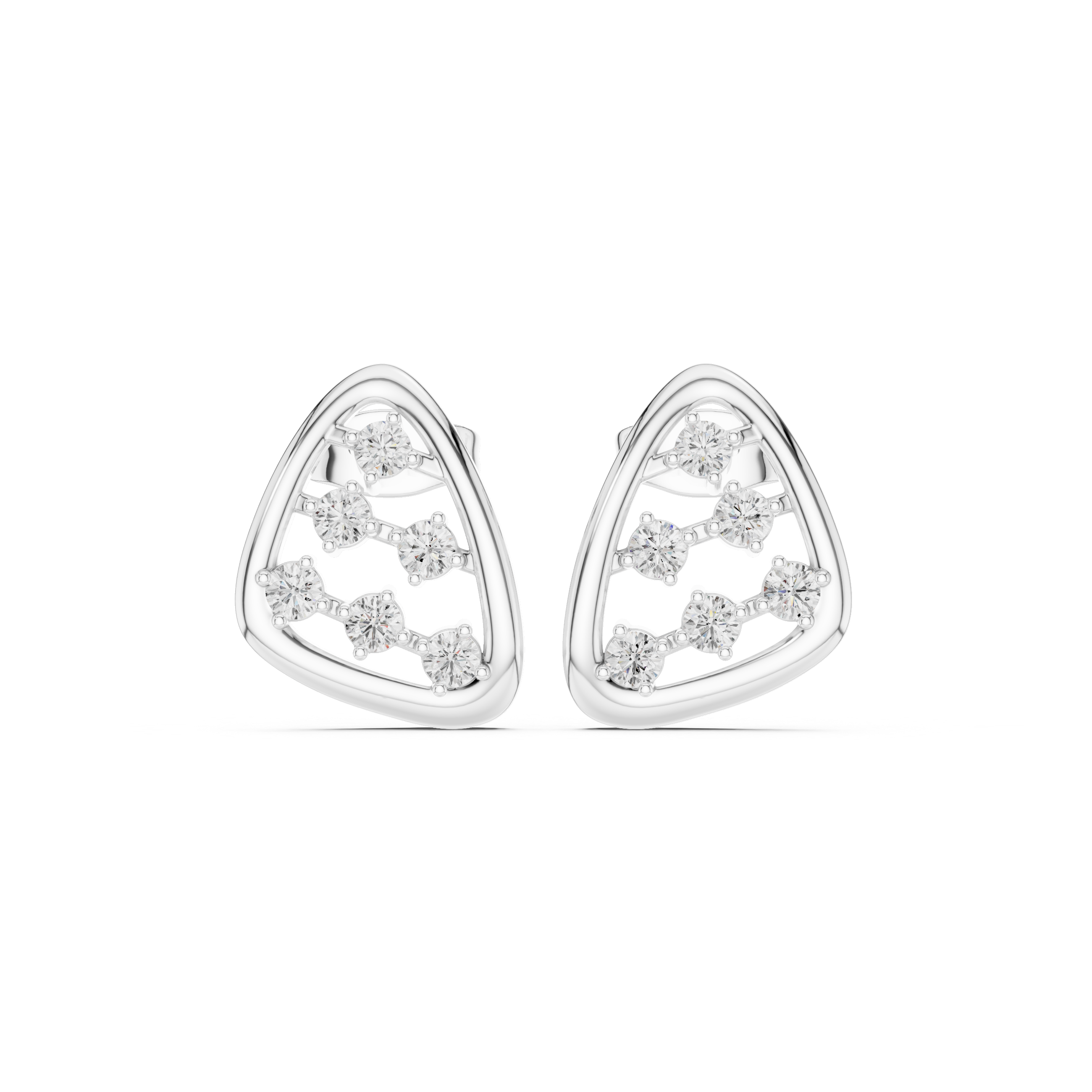 Open trillion-shaped frame stud earrings with scattered round brilliant stones in a zigzag arrangement inside