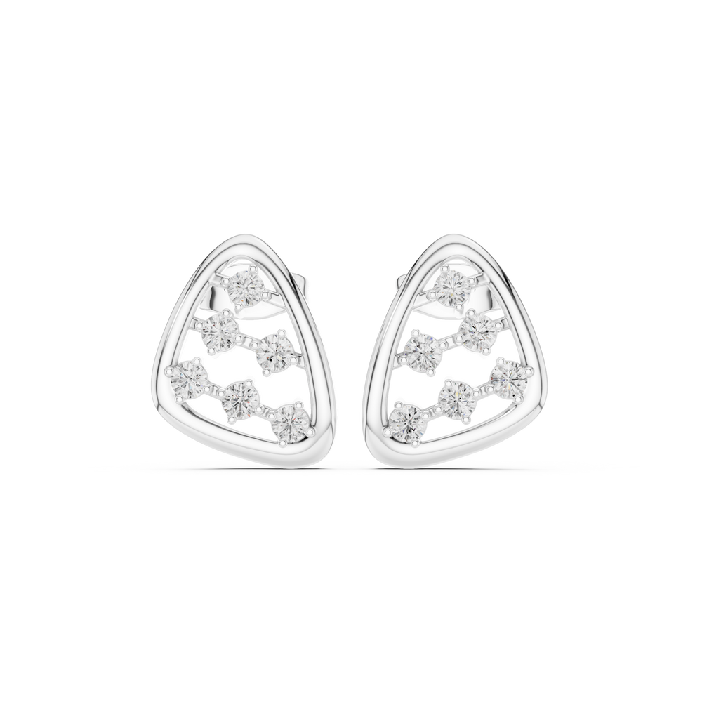 Open trillion-shaped frame stud earrings with scattered round brilliant stones in a zigzag arrangement inside