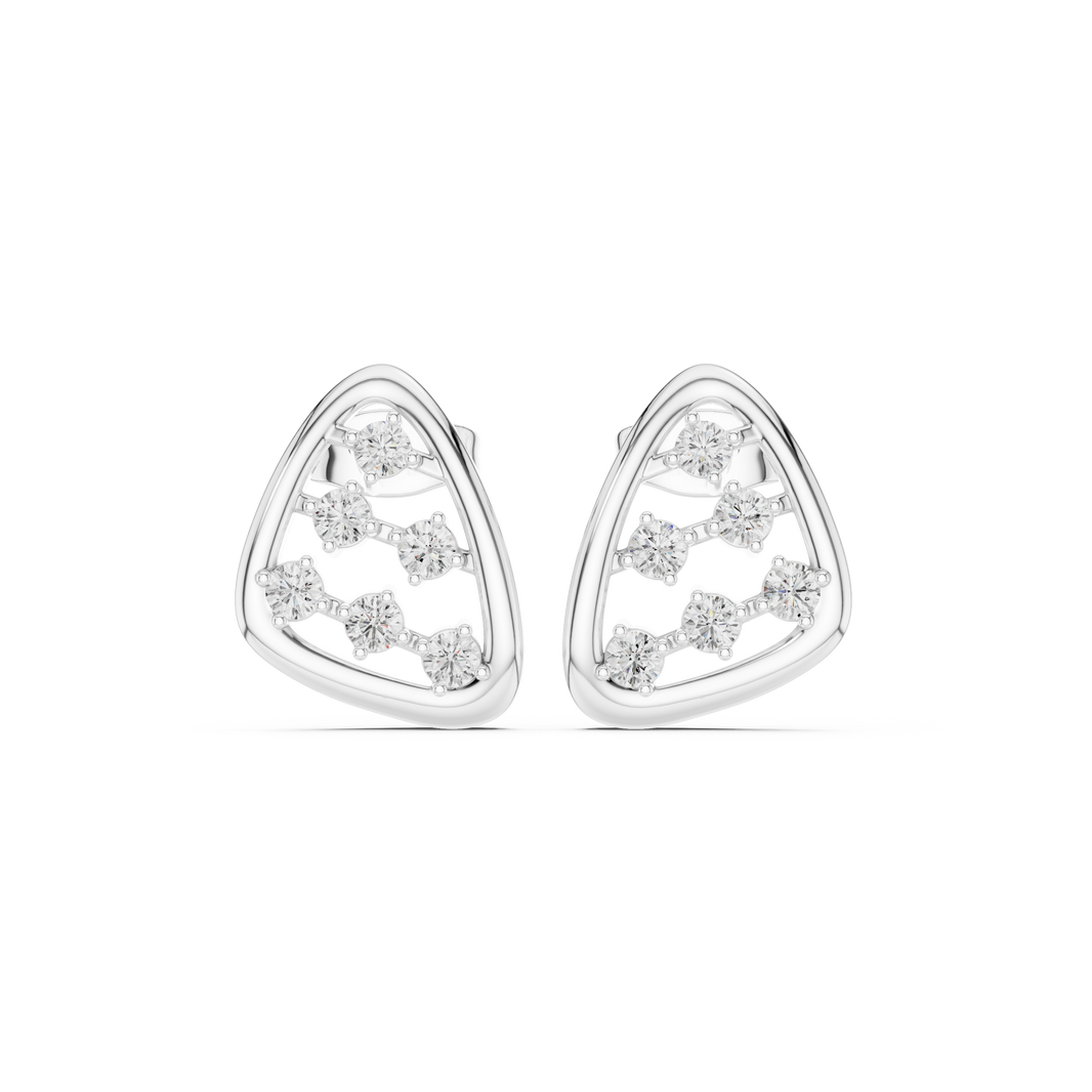 Open trillion-shaped frame stud earrings with scattered round brilliant stones in a zigzag arrangement inside