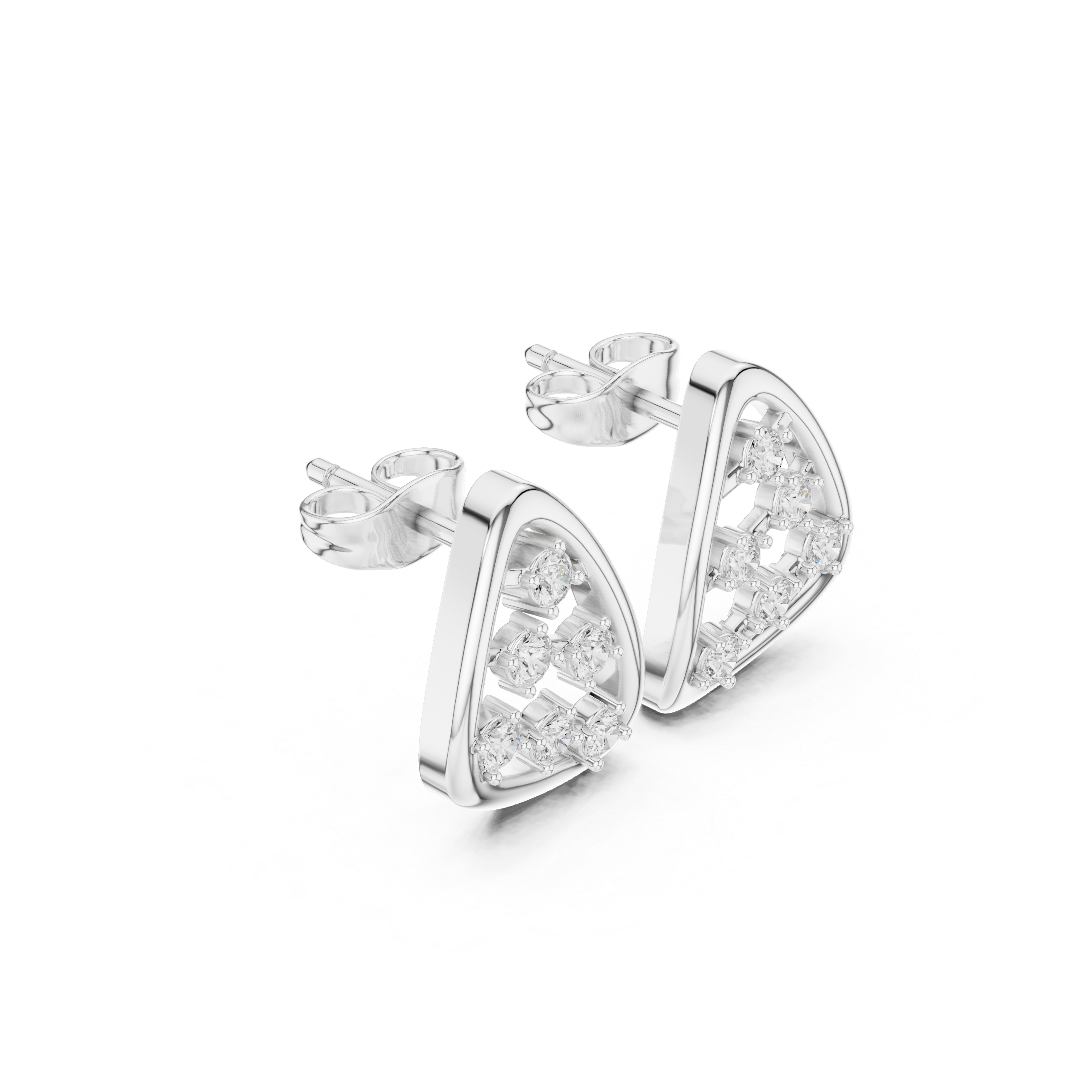 Open trillion-shaped frame stud earrings with scattered round brilliant stones in a zigzag arrangement inside