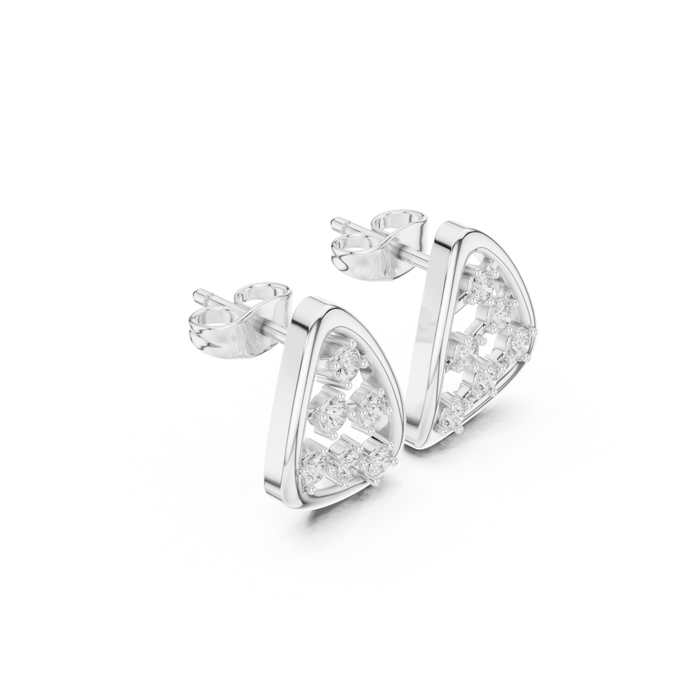 Open trillion-shaped frame stud earrings with scattered round brilliant stones in a zigzag arrangement inside