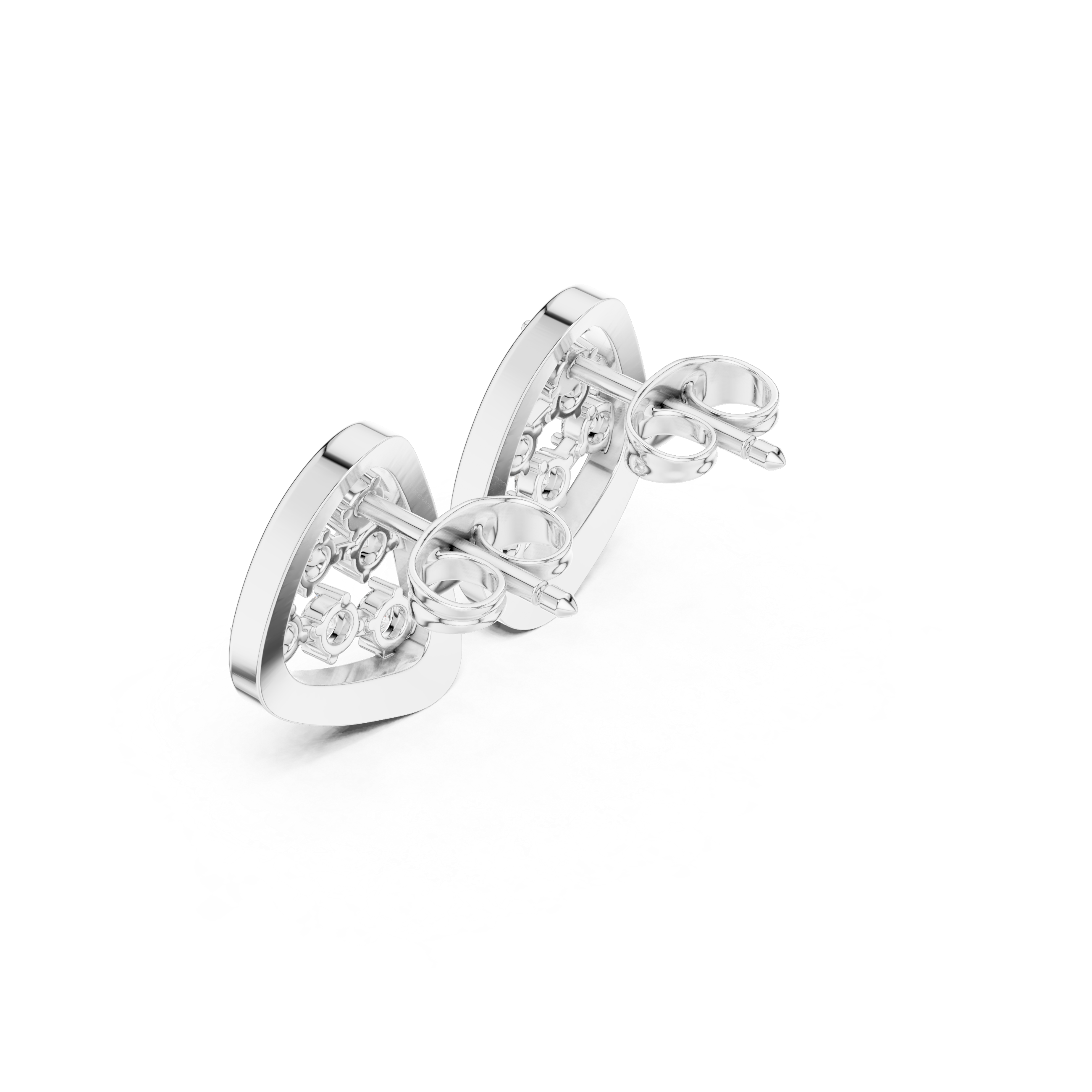 Open trillion-shaped frame stud earrings with scattered round brilliant stones in a zigzag arrangement inside