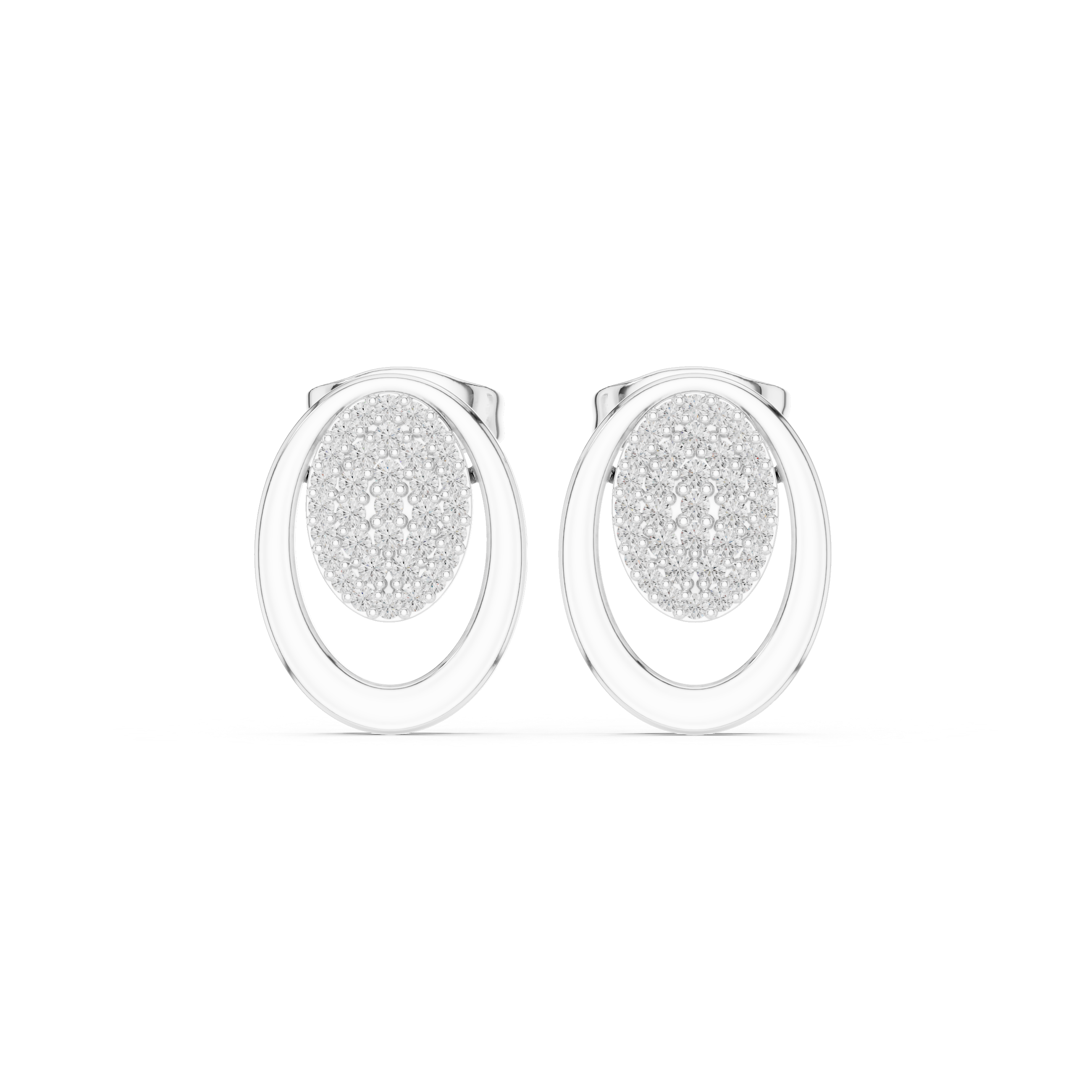 Stone-covered oval cluster stud earrings within an open polished oval outer frame