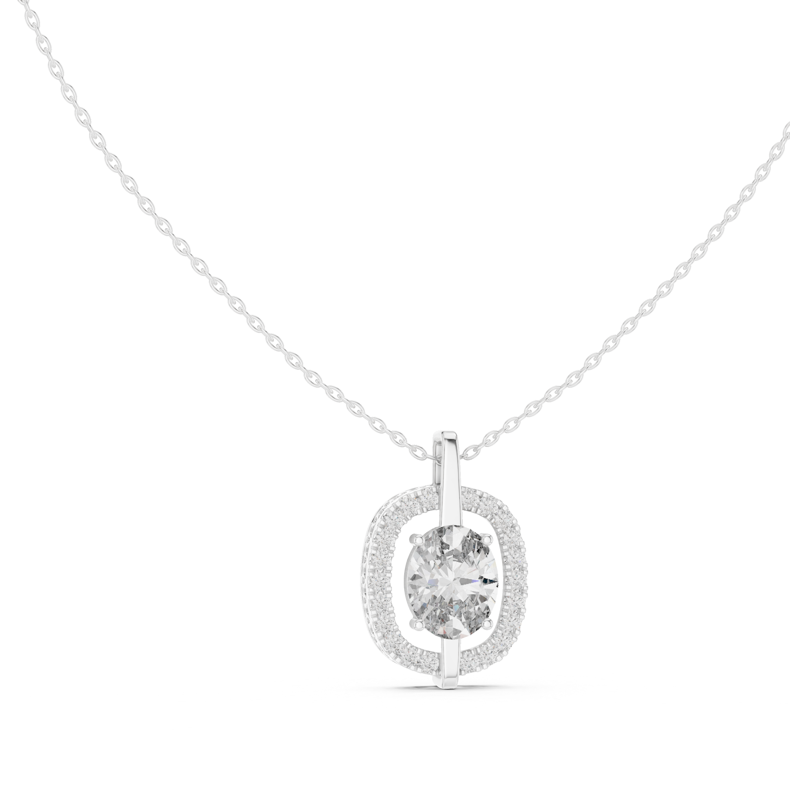 Oval halo pave diamond pendant necklace with round brilliant solitaire centre stone
