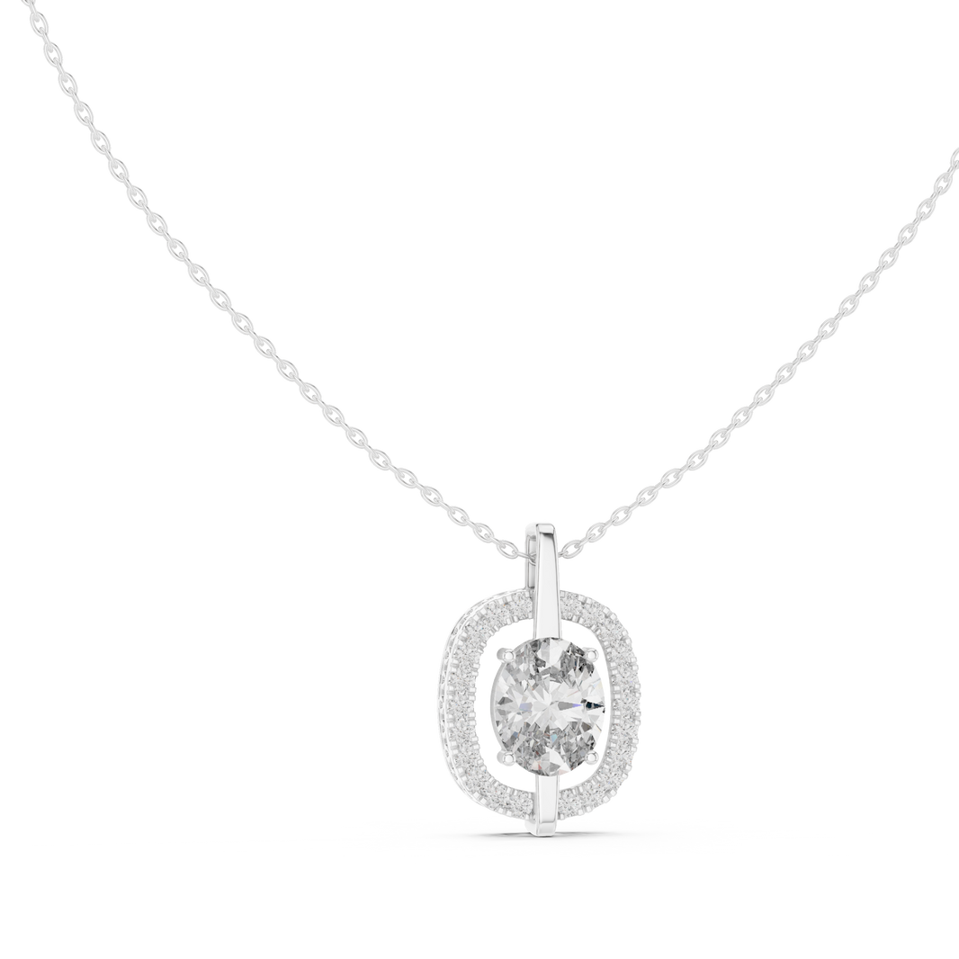 Oval halo pave diamond pendant necklace with round brilliant solitaire centre stone