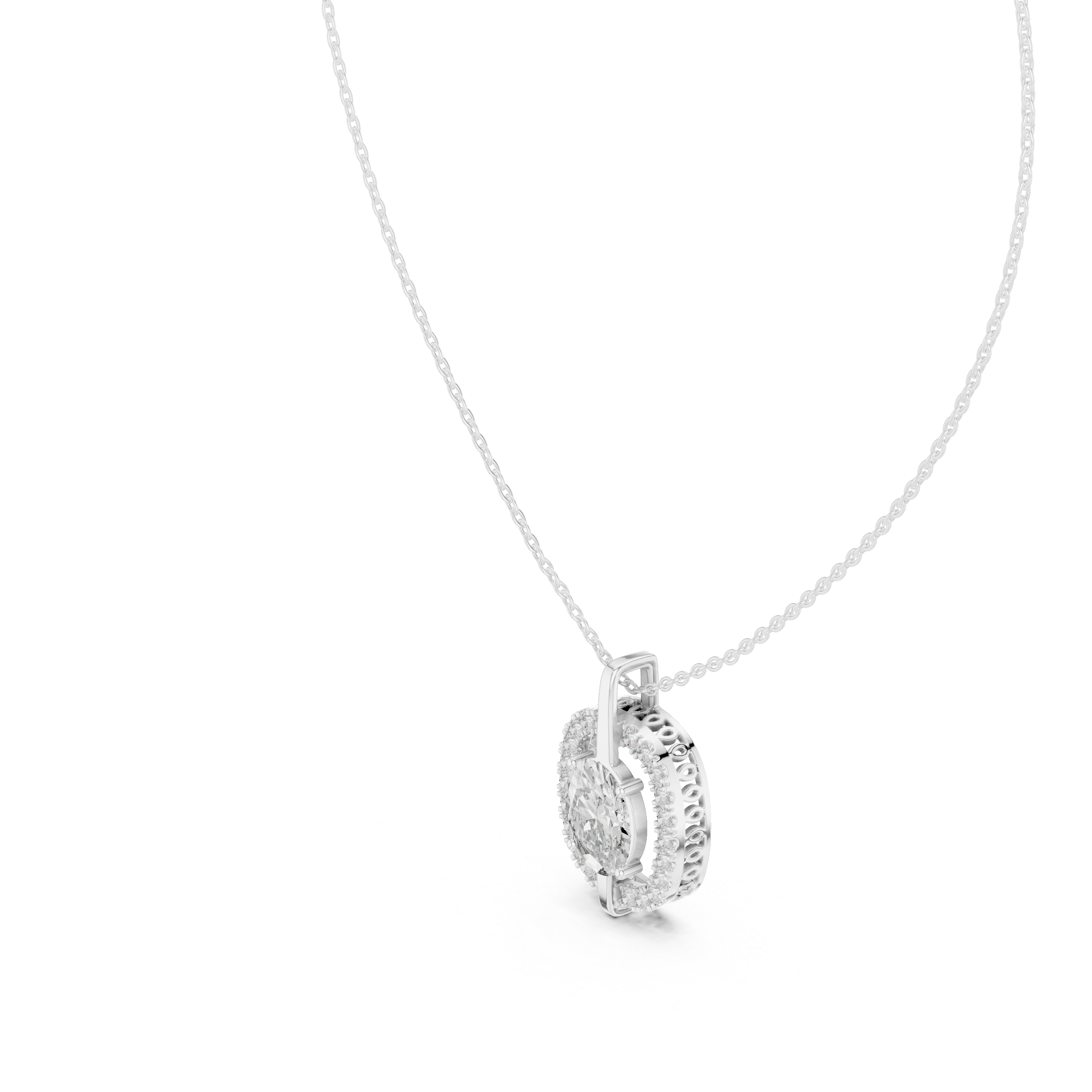 Oval halo pave diamond pendant necklace with round brilliant solitaire centre stone