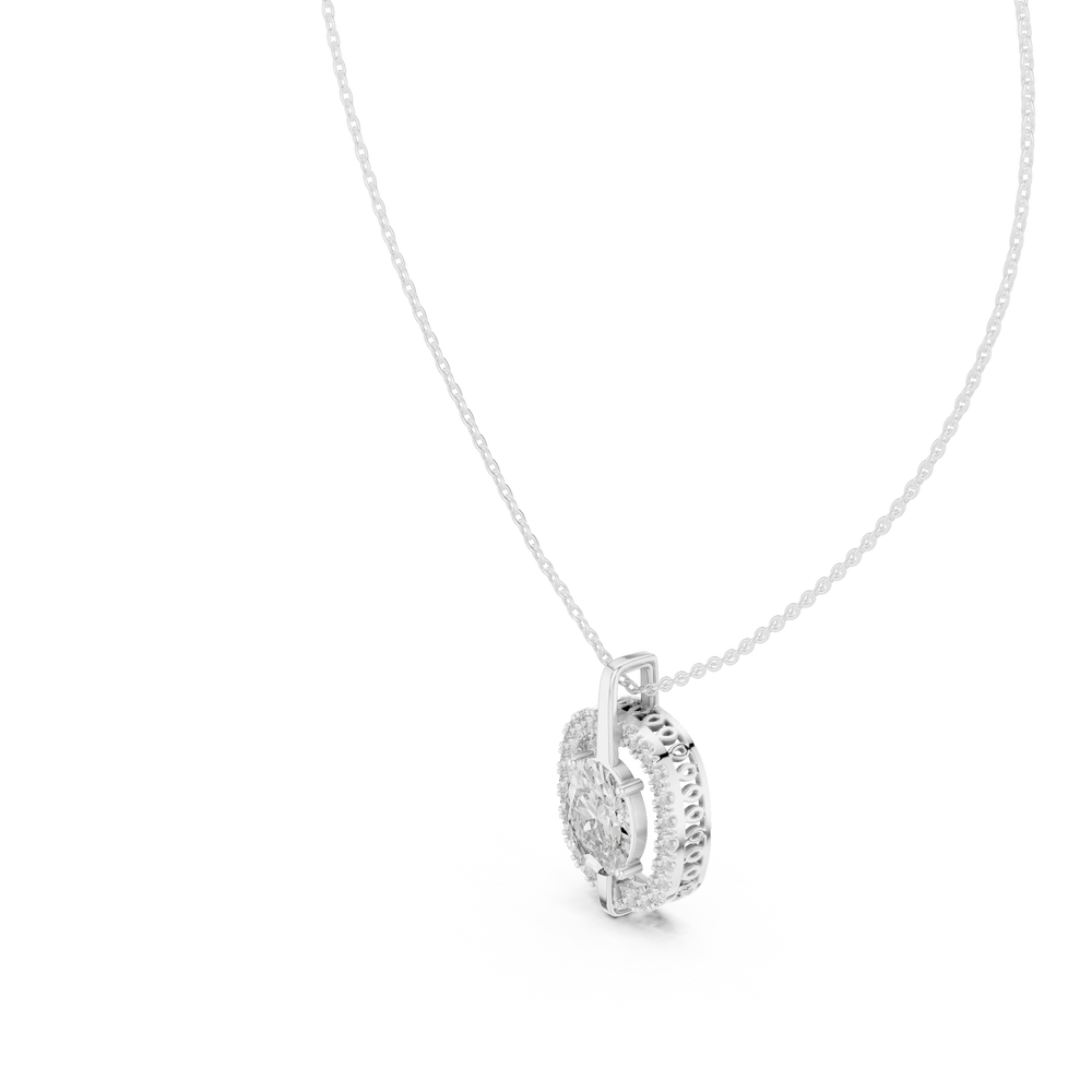 Oval halo pave diamond pendant necklace with round brilliant solitaire centre stone