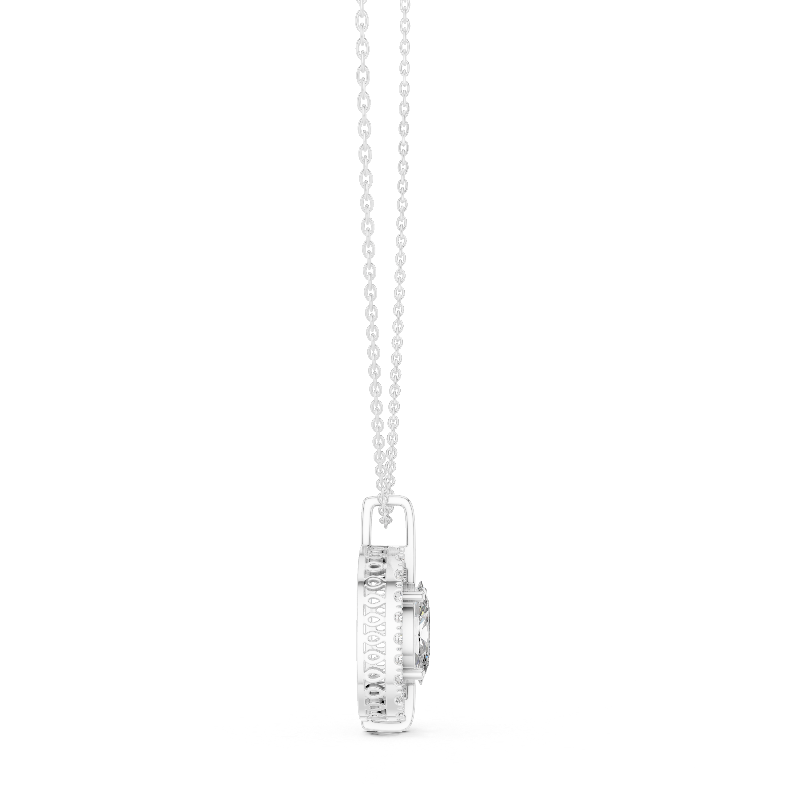Oval halo pave diamond pendant necklace with round brilliant solitaire centre stone