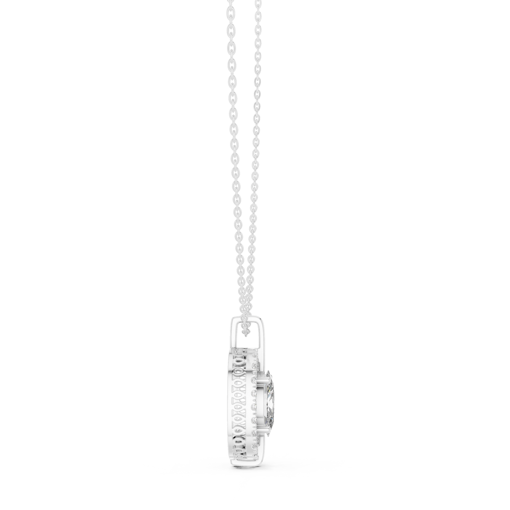 Oval halo pave diamond pendant necklace with round brilliant solitaire centre stone