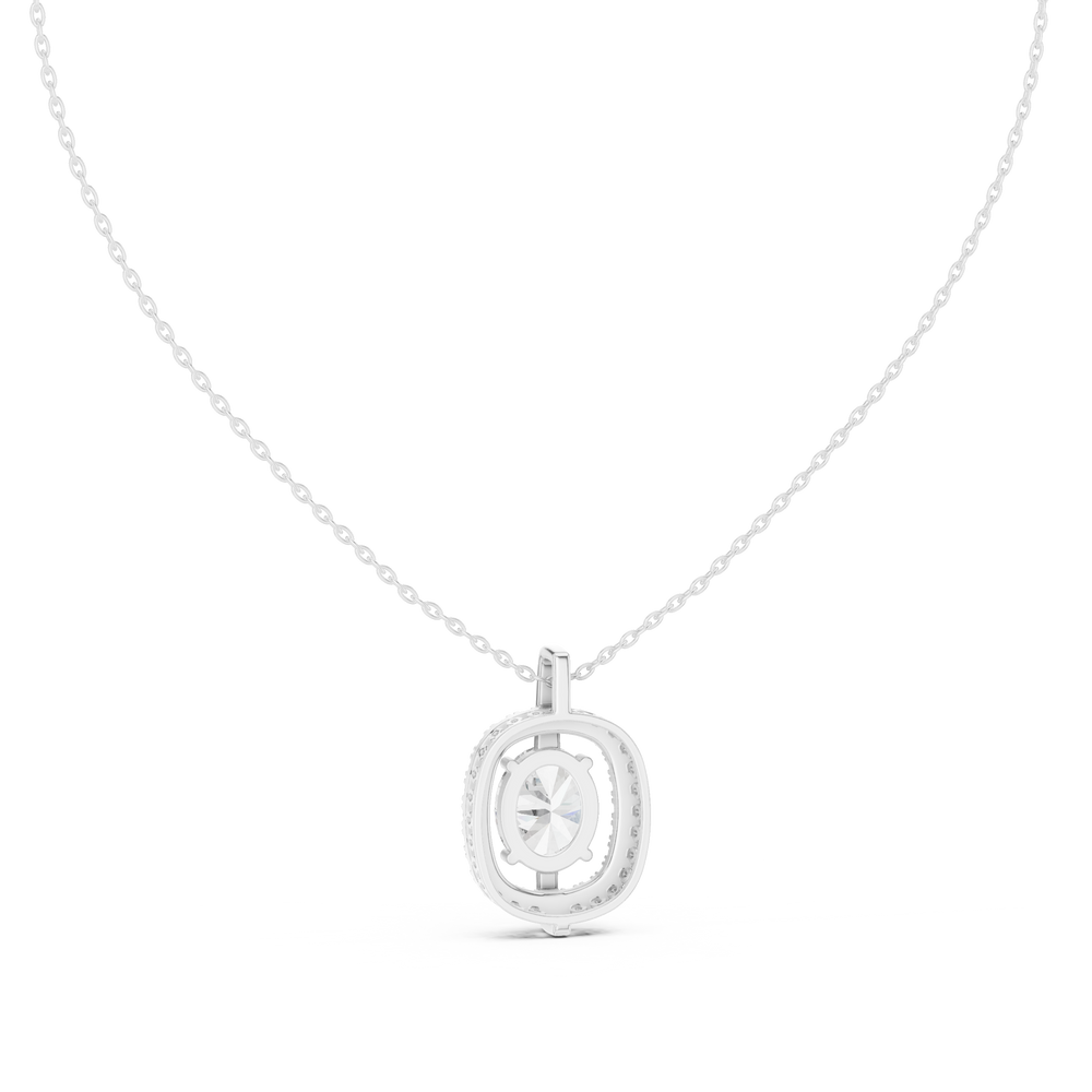 Oval halo pave diamond pendant necklace with round brilliant solitaire centre stone