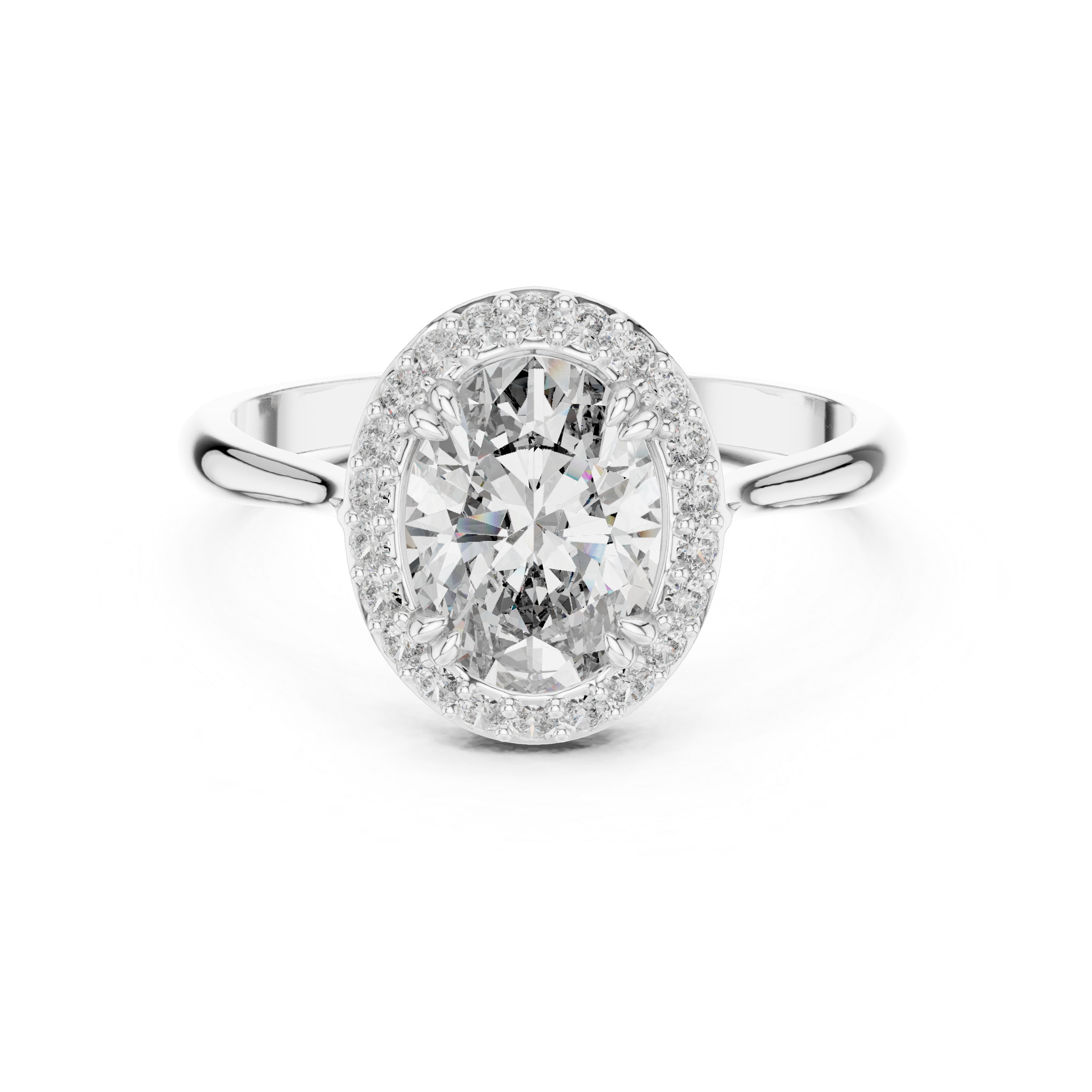 Oval halo solitaire engagement ring with pave surround and plain split shoulder band