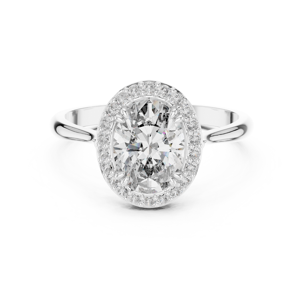 Oval halo solitaire engagement ring with pave surround and plain split shoulder band