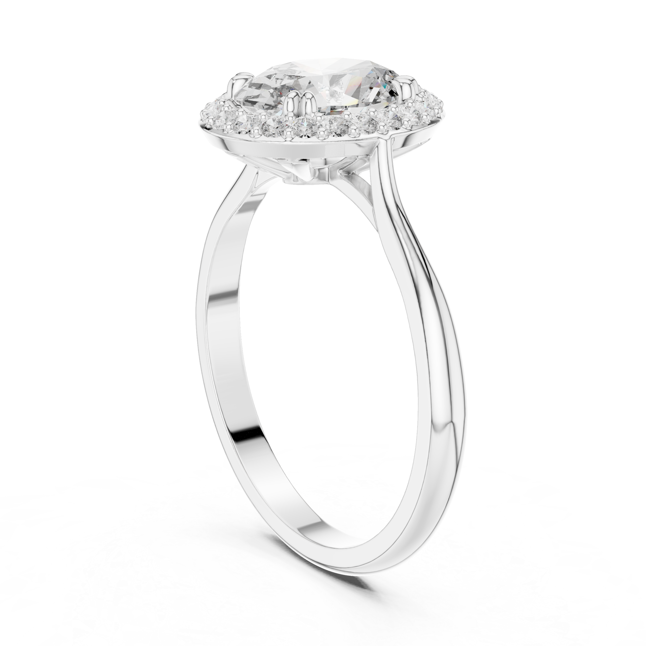 Oval halo solitaire engagement ring with pave surround and plain split shoulder band