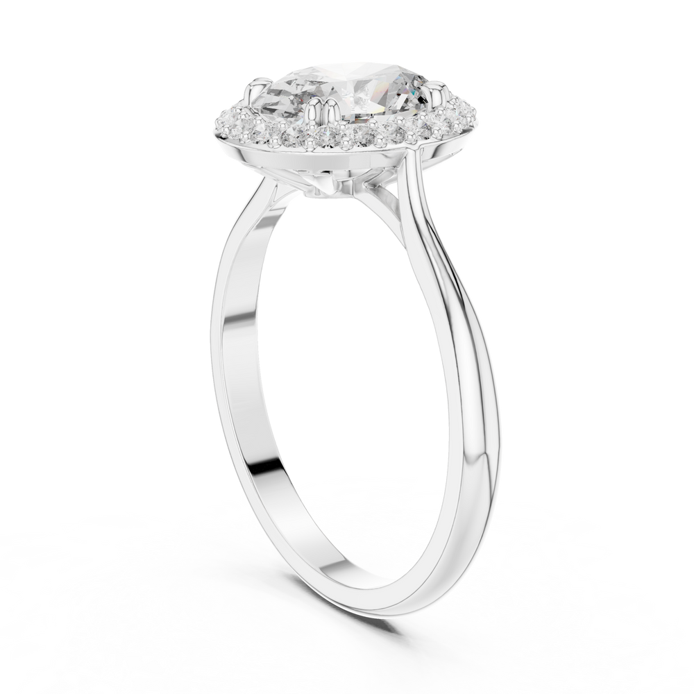 Oval halo solitaire engagement ring with pave surround and plain split shoulder band