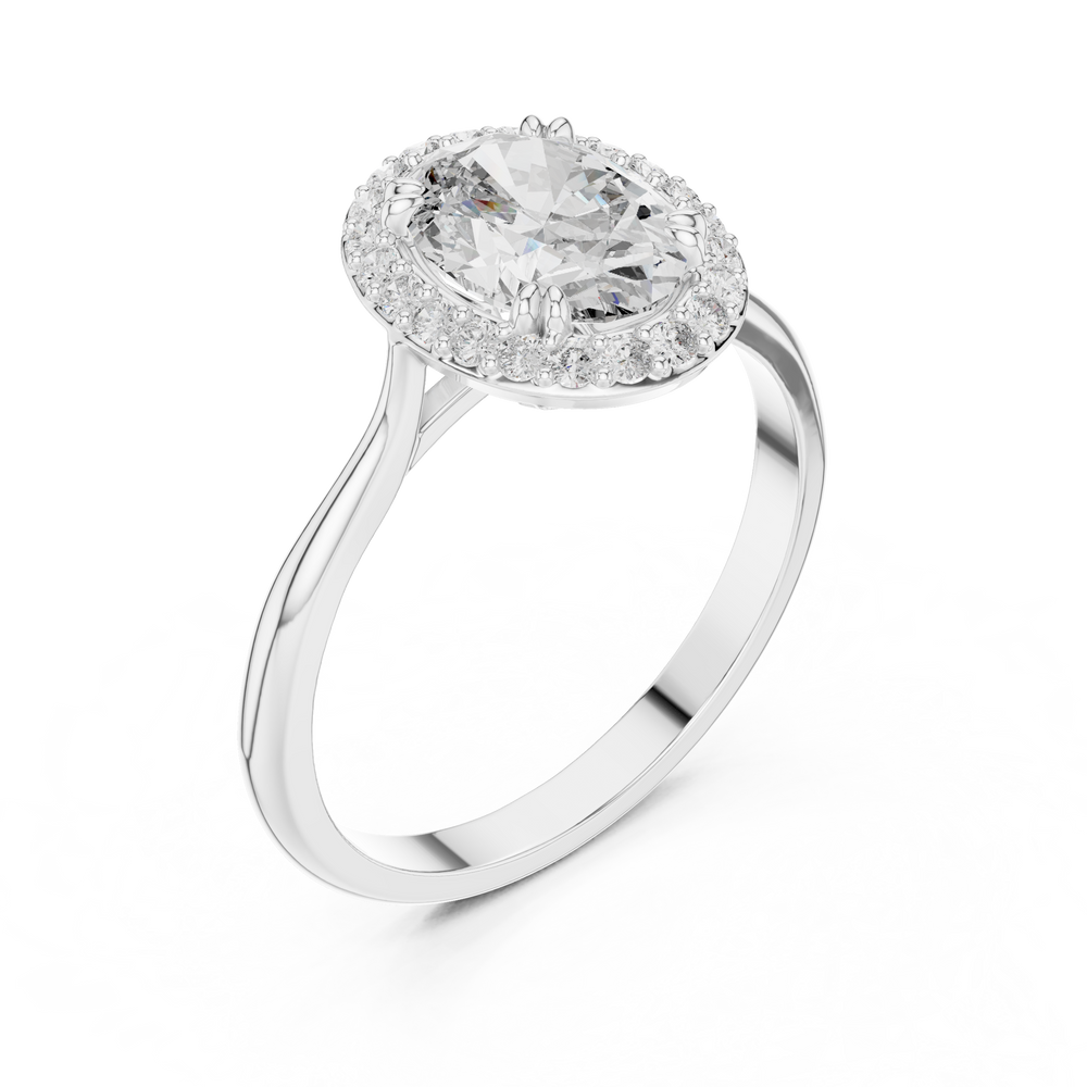 Oval halo solitaire engagement ring with pave surround and plain split shoulder band