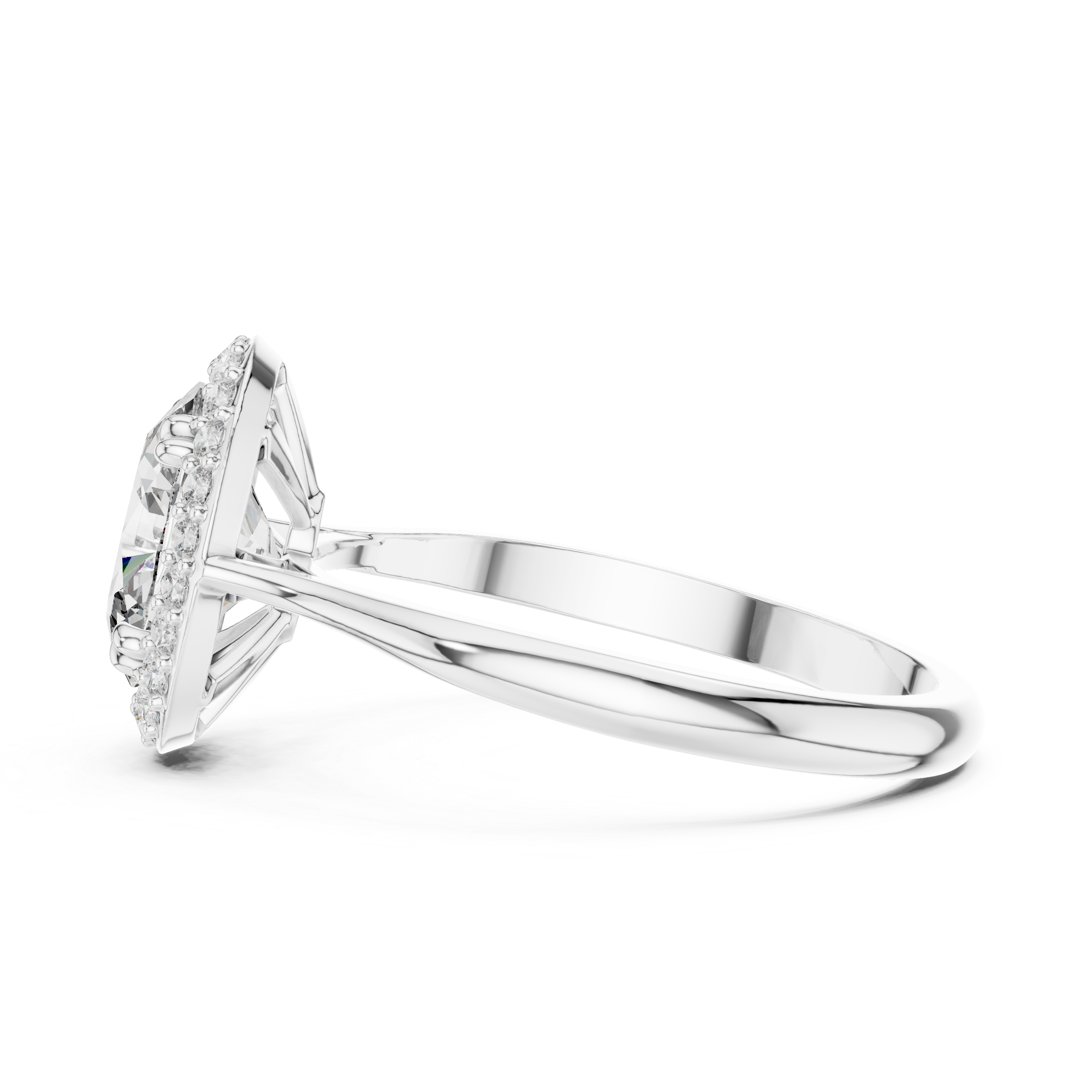 Oval halo solitaire engagement ring with pave surround and plain split shoulder band