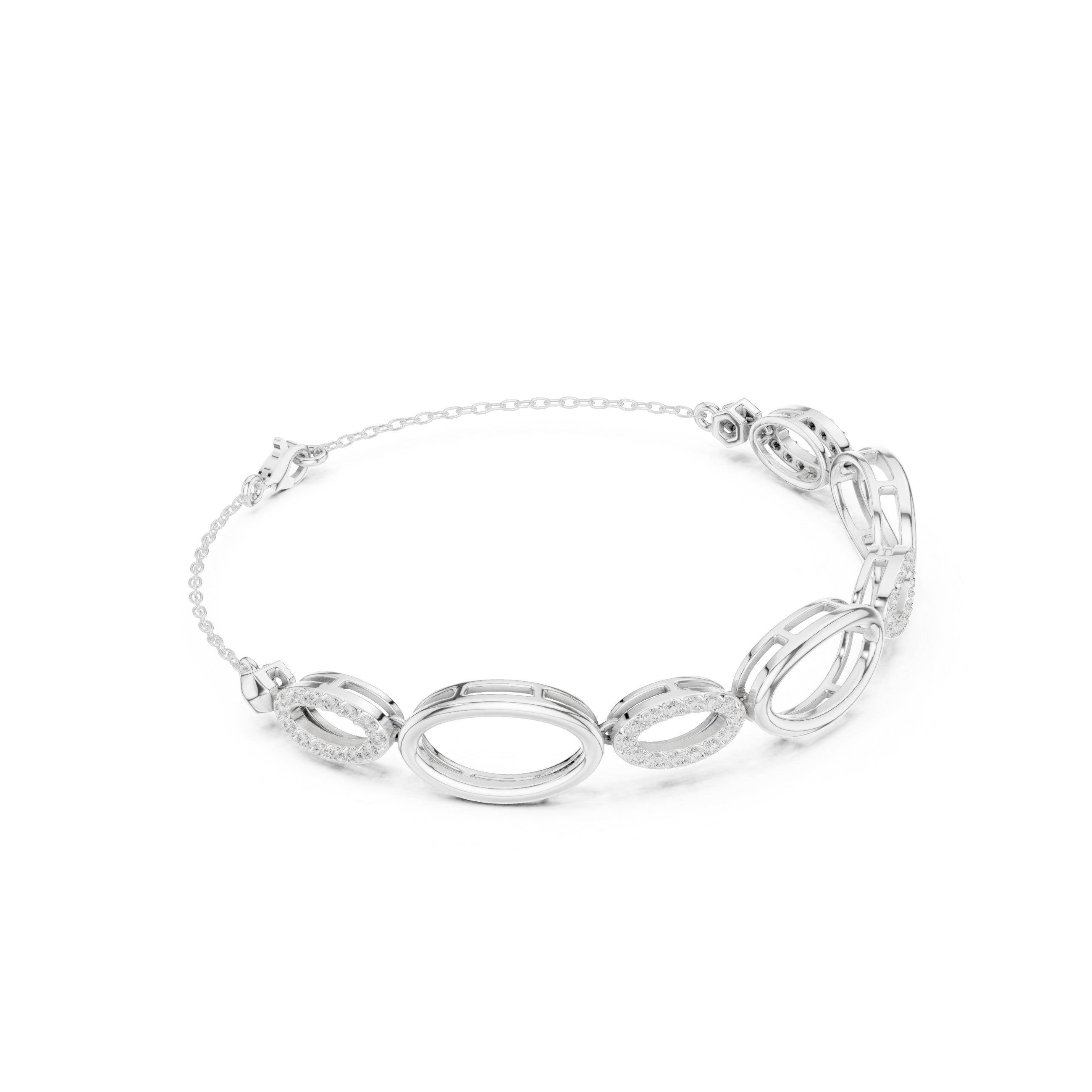 Oval link chain bracelet with open and pave set stone detailing