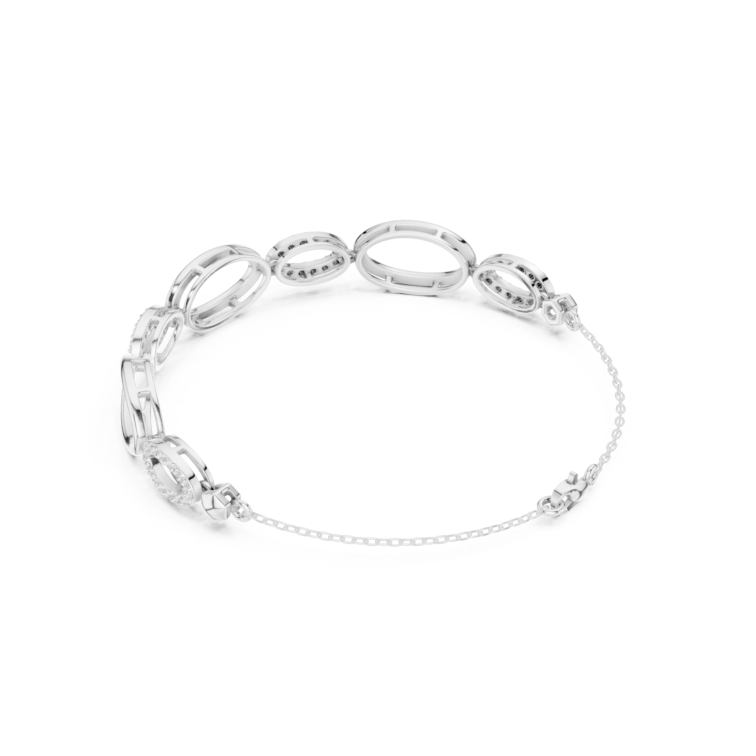 Oval link chain bracelet with open and pave set stone detailing