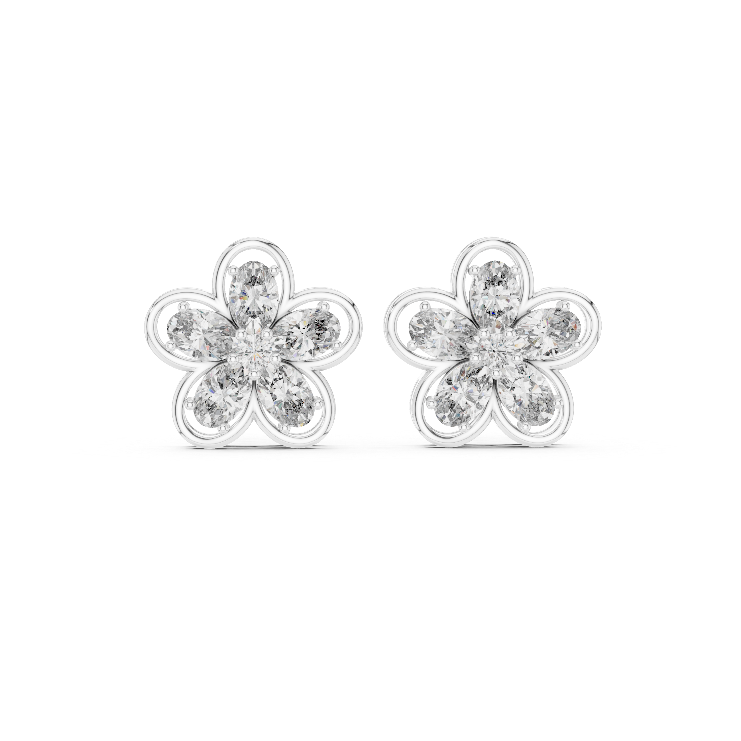 Oval petal floral stud earrings with five oval stone petals in open loop flower frame and round centre stone