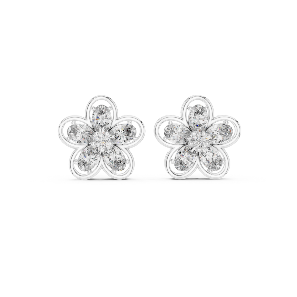 Oval petal floral stud earrings with five oval stone petals in open loop flower frame and round centre stone