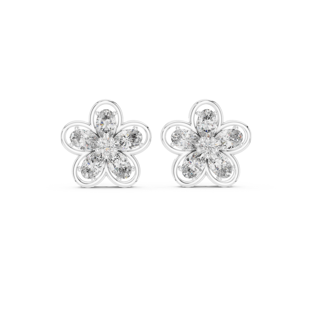 Oval petal floral stud earrings with five oval stone petals in open loop flower frame and round centre stone