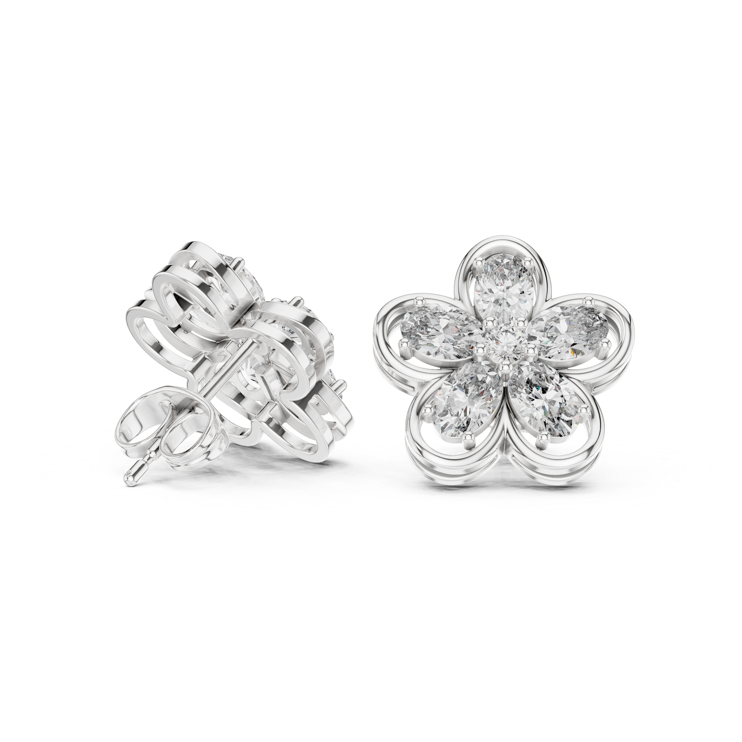 Oval petal floral stud earrings with five oval stone petals in open loop flower frame and round centre stone