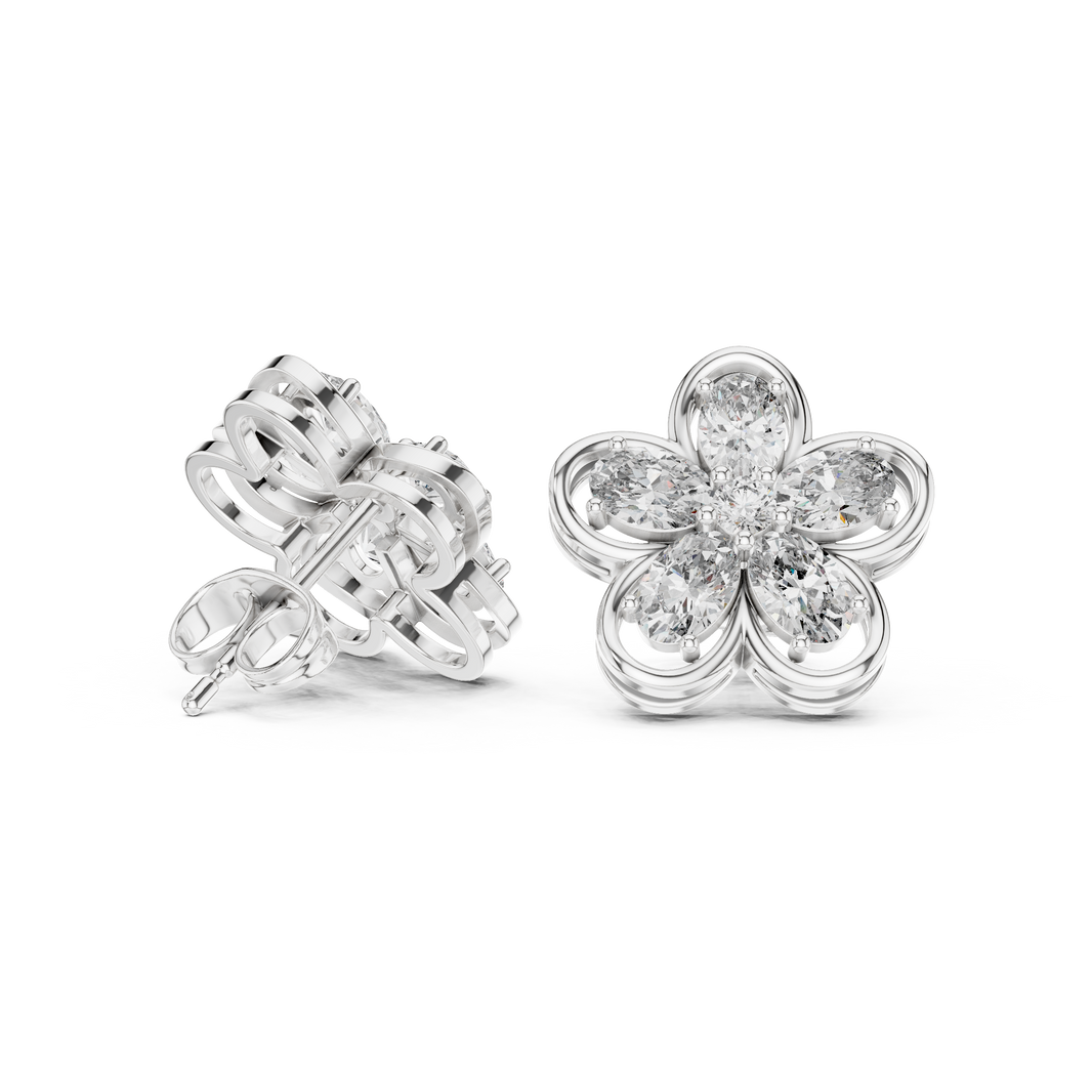 Oval petal floral stud earrings with five oval stone petals in open loop flower frame and round centre stone