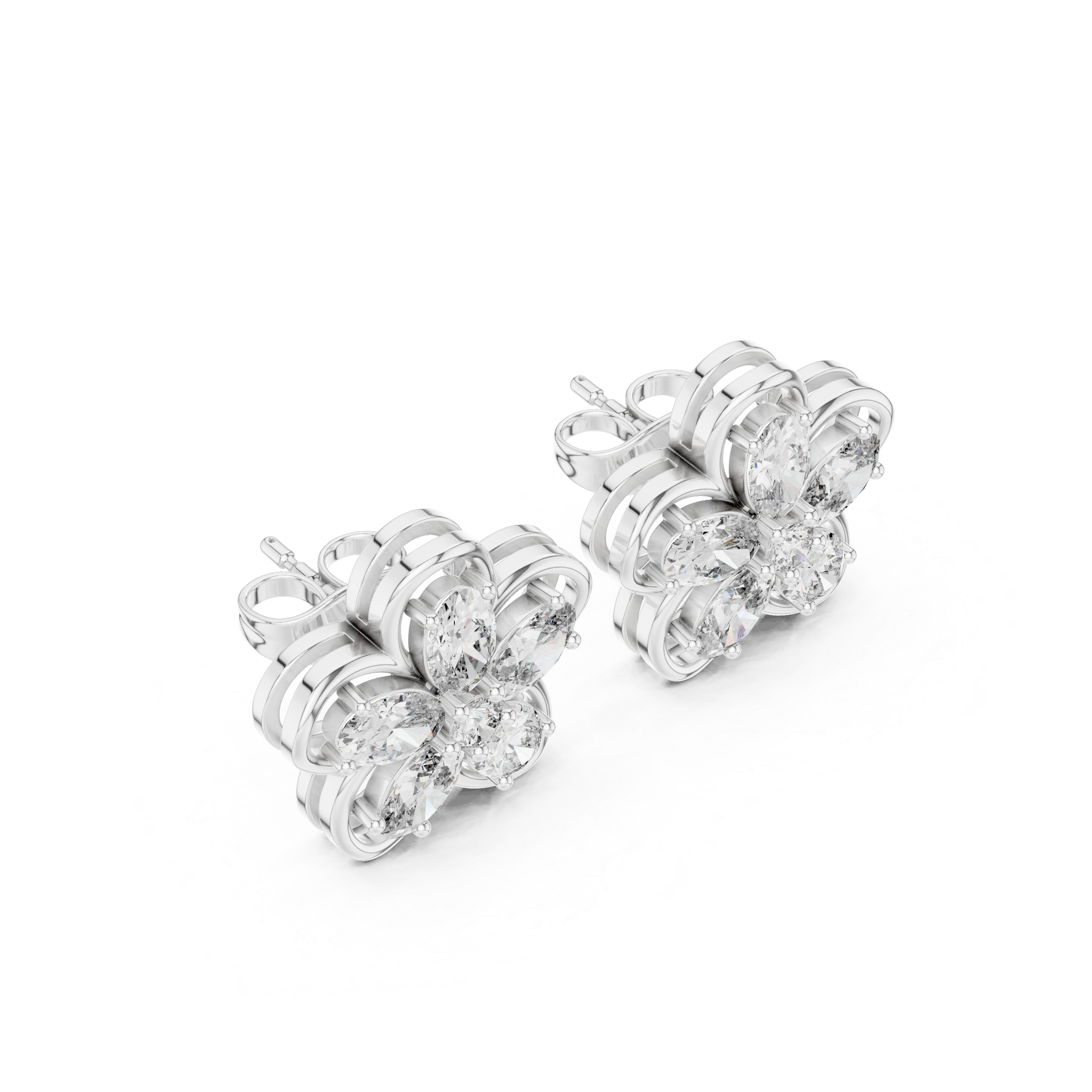 Oval petal floral stud earrings with five oval stone petals in open loop flower frame and round centre stone