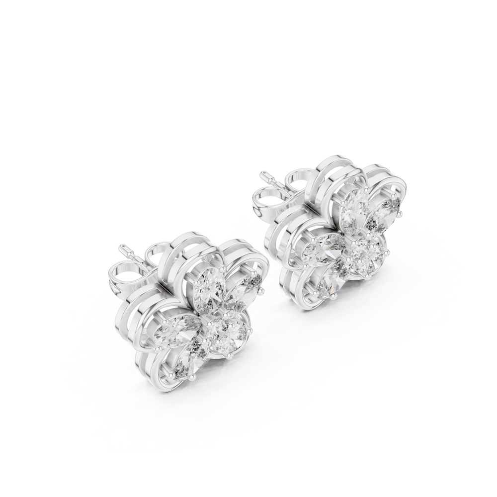 Oval petal floral stud earrings with five oval stone petals in open loop flower frame and round centre stone