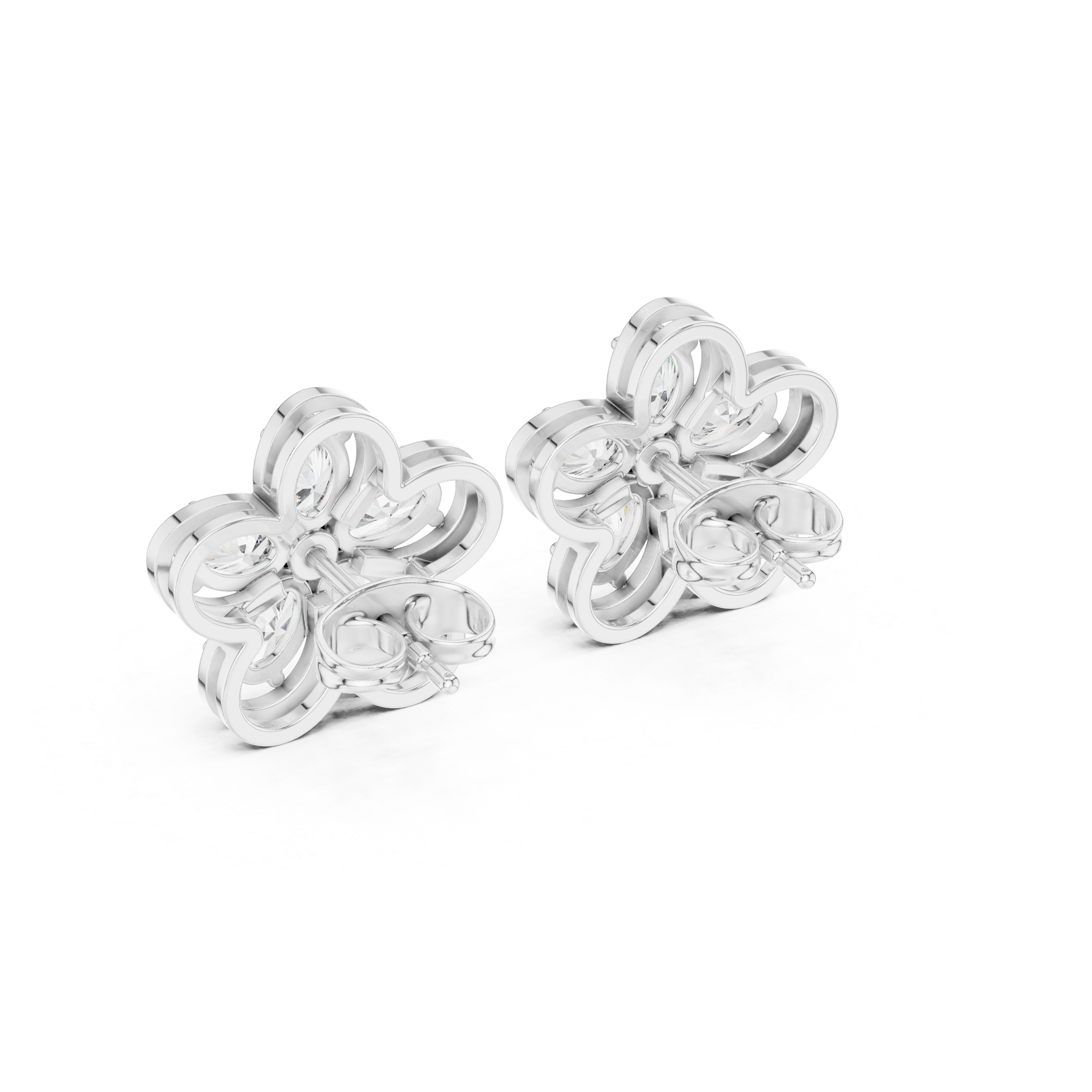Oval petal floral stud earrings with five oval stone petals in open loop flower frame and round centre stone