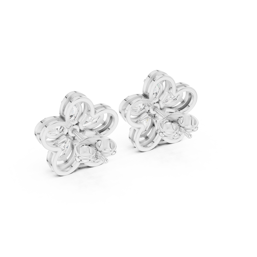 Oval petal floral stud earrings with five oval stone petals in open loop flower frame and round centre stone