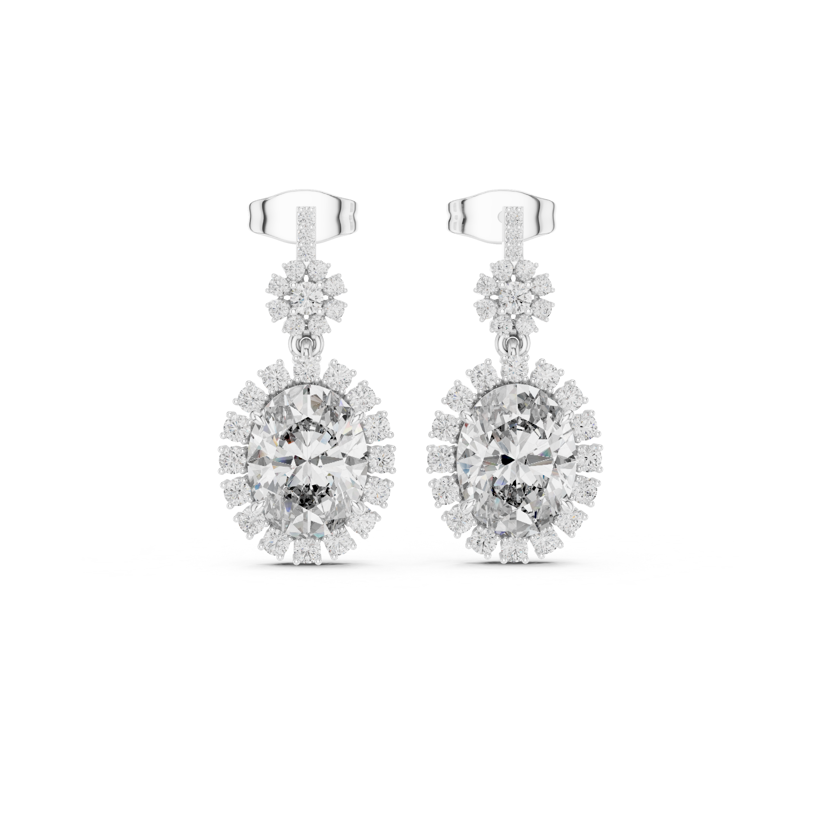 Oval sunburst halo drop earrings with pave bar top, round stone cluster link and large oval centre stone with starburst round stone halo