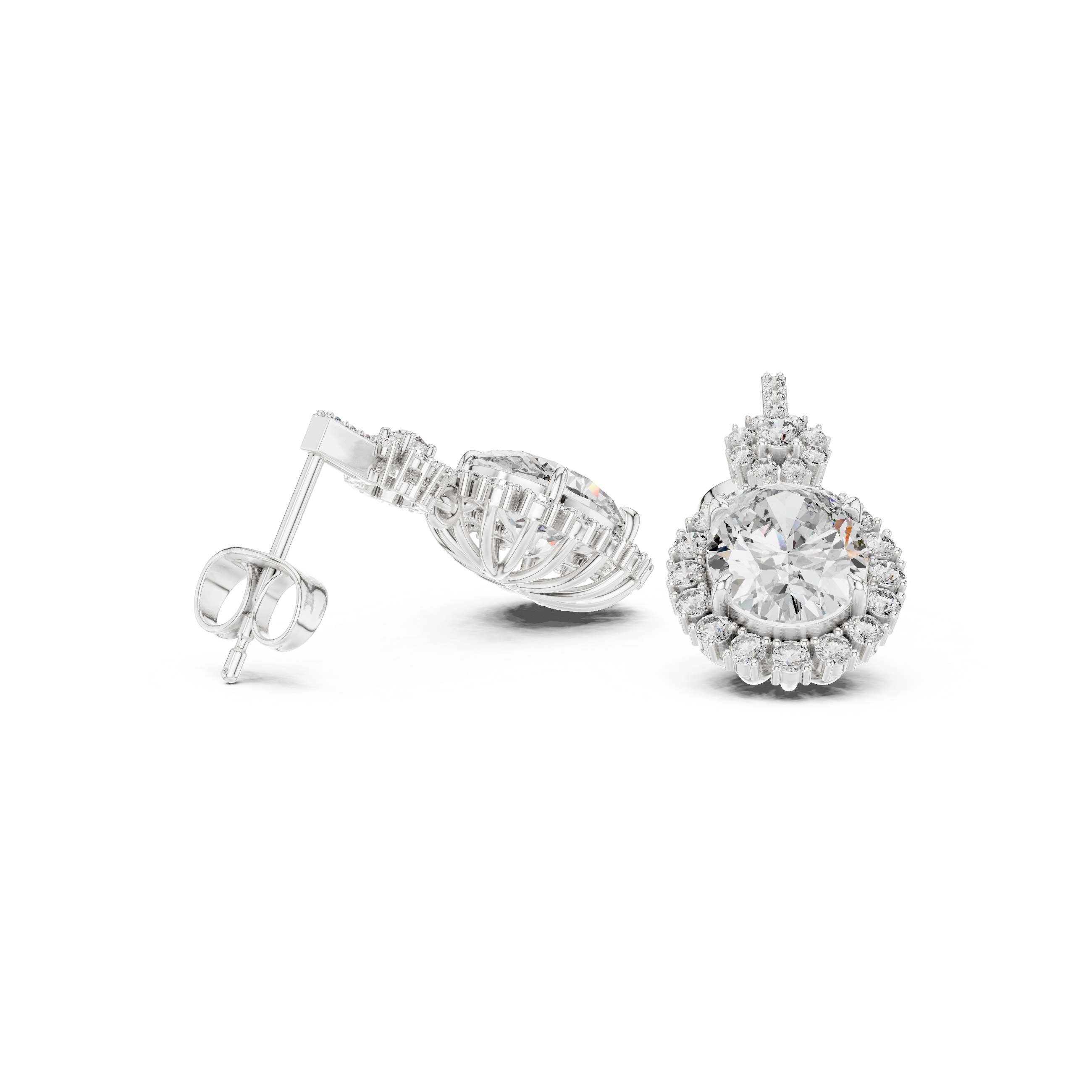 Oval sunburst halo drop earrings with pave bar top, round stone cluster link and large oval centre stone with starburst round stone halo