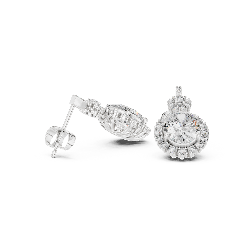 Oval sunburst halo drop earrings with pave bar top, round stone cluster link and large oval centre stone with starburst round stone halo