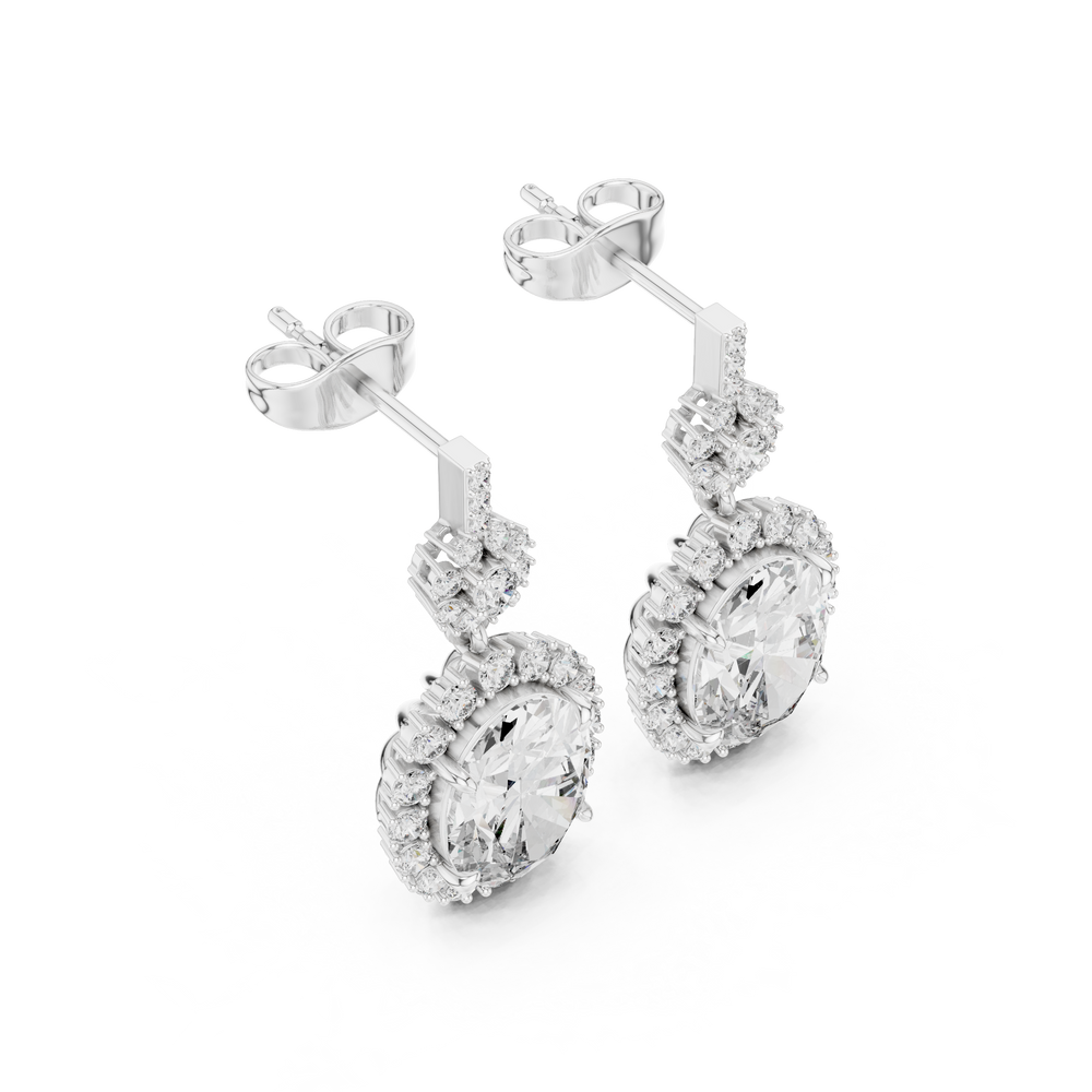 Oval sunburst halo drop earrings with pave bar top, round stone cluster link and large oval centre stone with starburst round stone halo