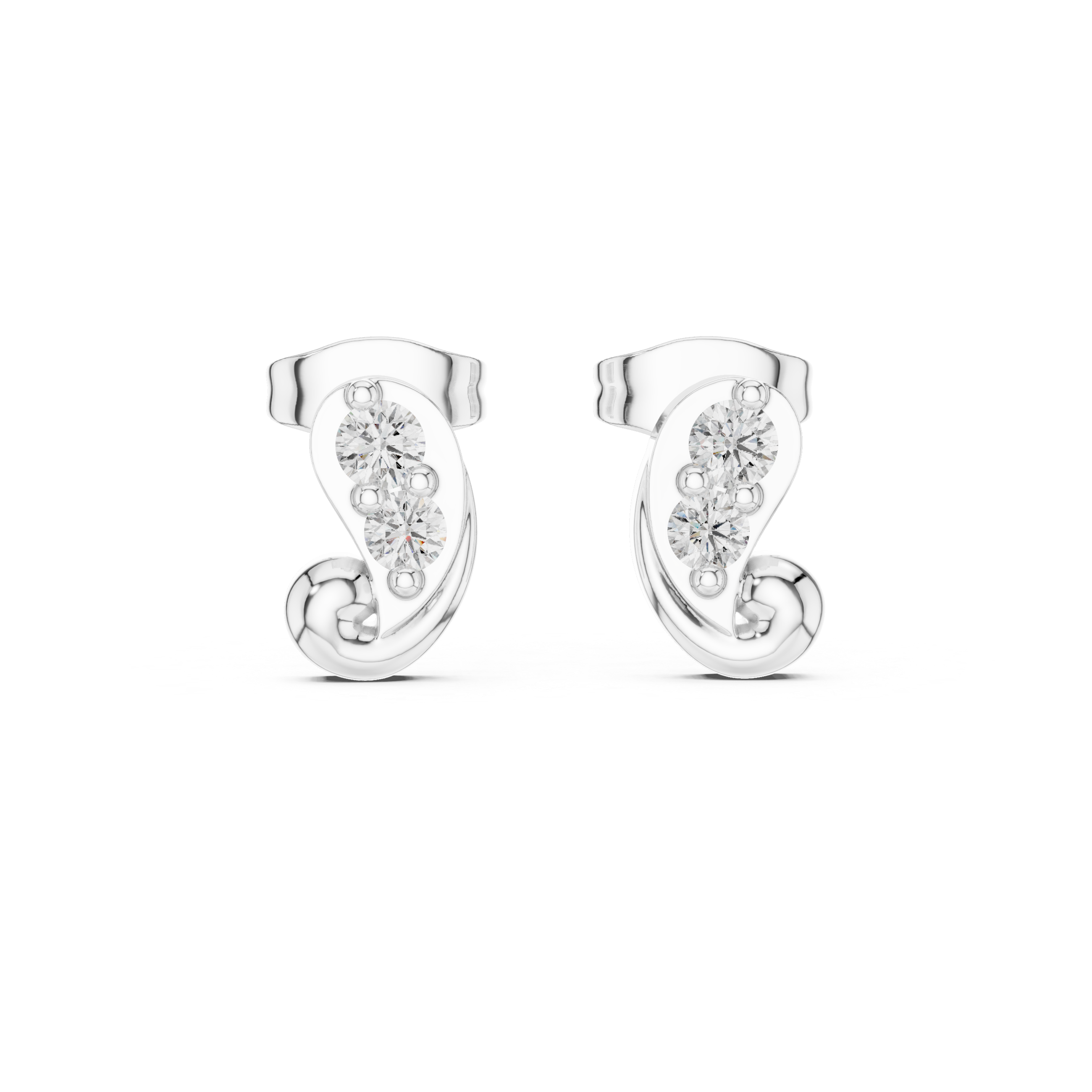 Paisley curl two stone stud earrings with smooth curved paisley shaped frame and two prong set round stones