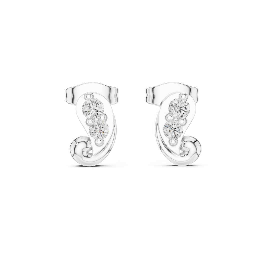 Paisley curl two stone stud earrings with smooth curved paisley shaped frame and two prong set round stones