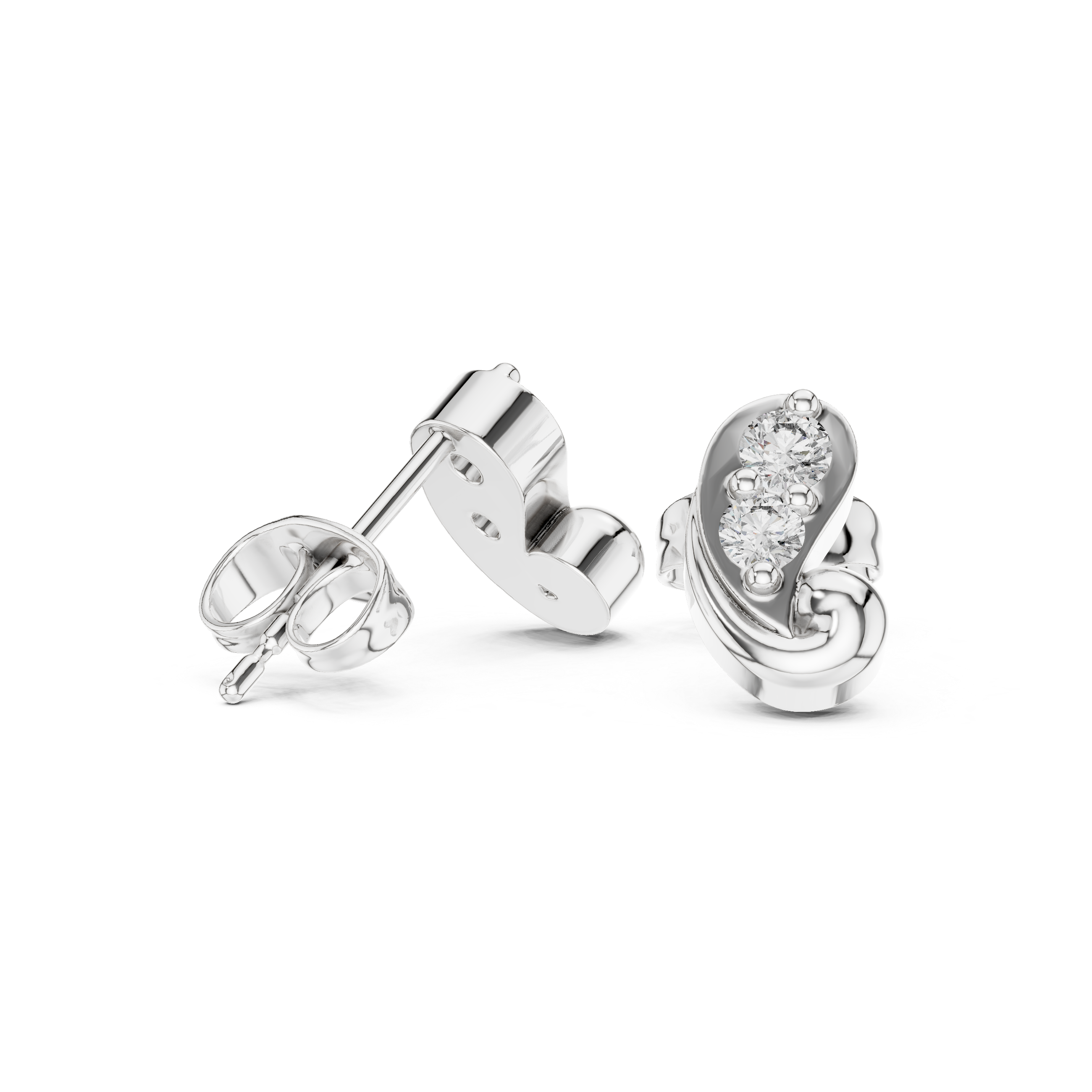 Paisley curl two stone stud earrings with smooth curved paisley shaped frame and two prong set round stones