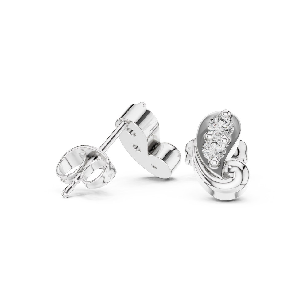 Paisley curl two stone stud earrings with smooth curved paisley shaped frame and two prong set round stones