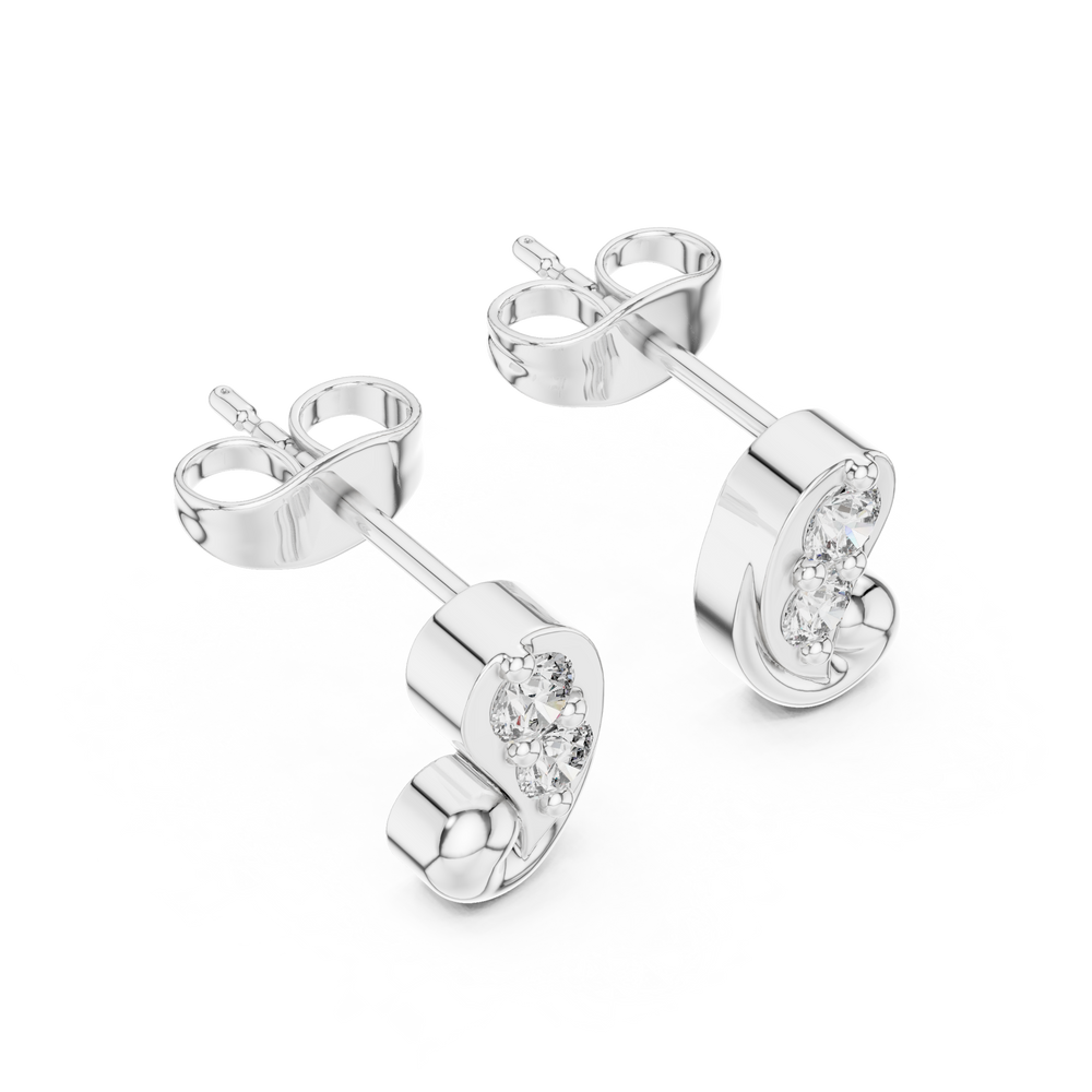 Paisley curl two stone stud earrings with smooth curved paisley shaped frame and two prong set round stones
