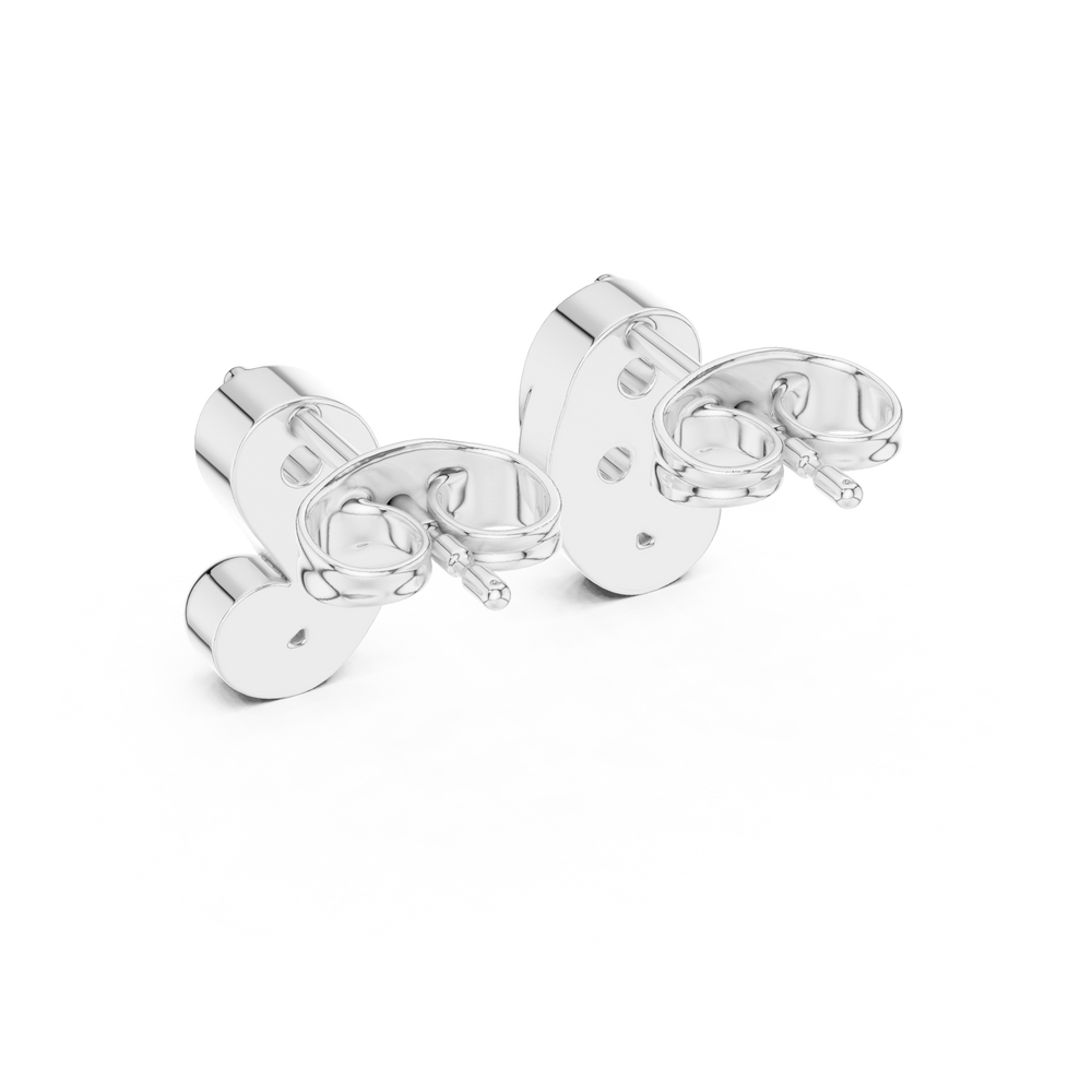 Paisley curl two stone stud earrings with smooth curved paisley shaped frame and two prong set round stones