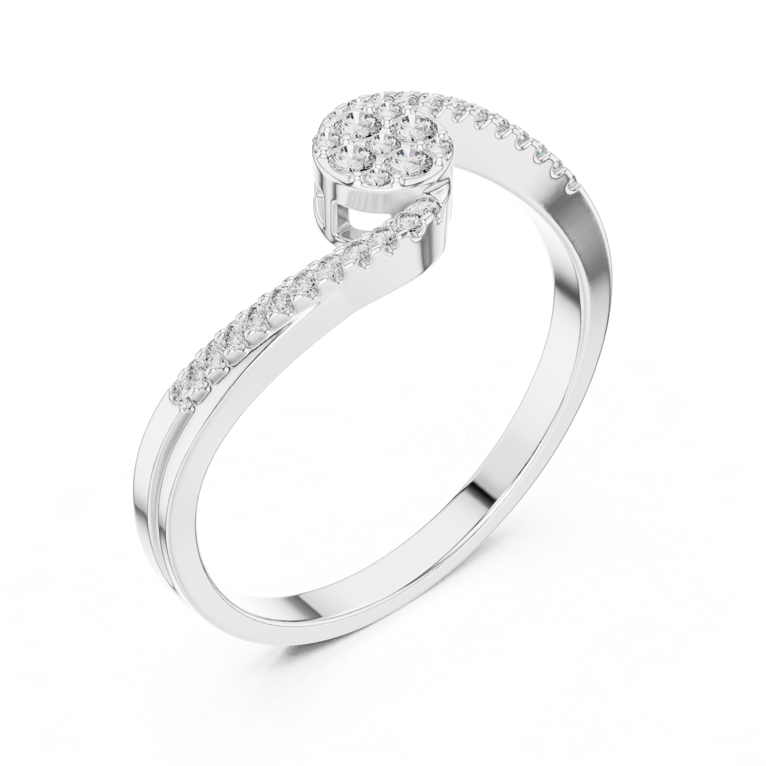 Pave cluster diamond engagement ring with diamond studded bypass band