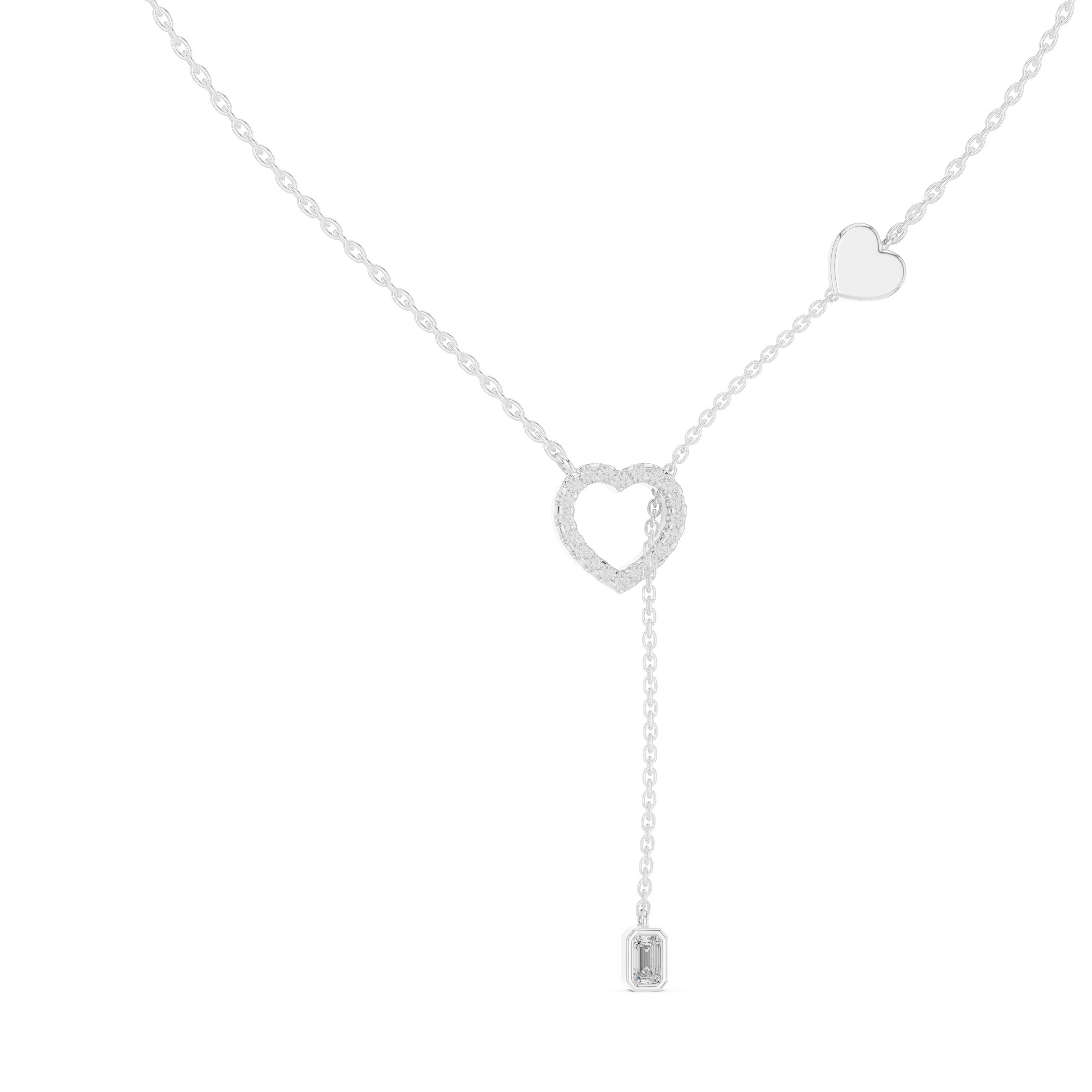 Pave heart lariat diamond necklace with emerald cut solitaire drop pendant