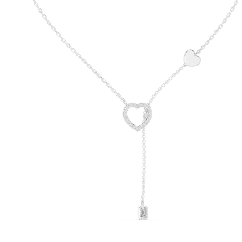Pave heart lariat diamond necklace with emerald cut solitaire drop pendant