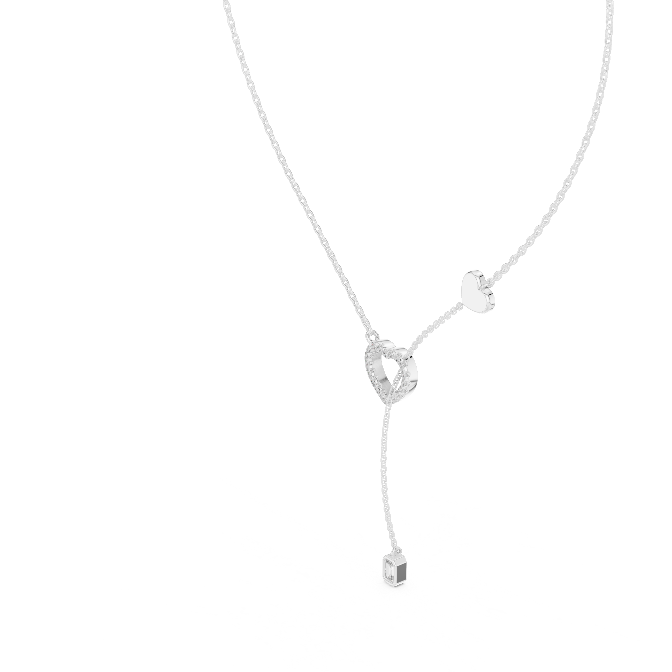 Pave heart lariat diamond necklace with emerald cut solitaire drop pendant