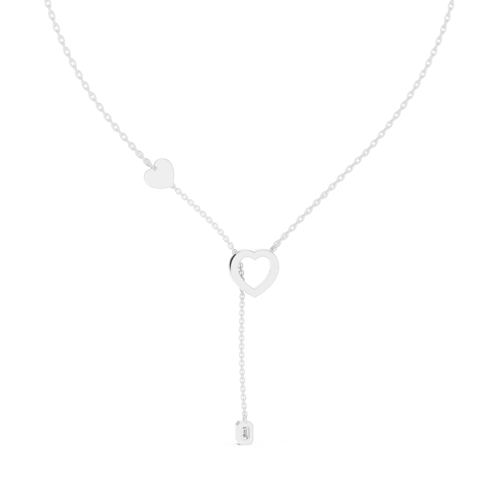 Pave heart lariat diamond necklace with emerald cut solitaire drop pendant