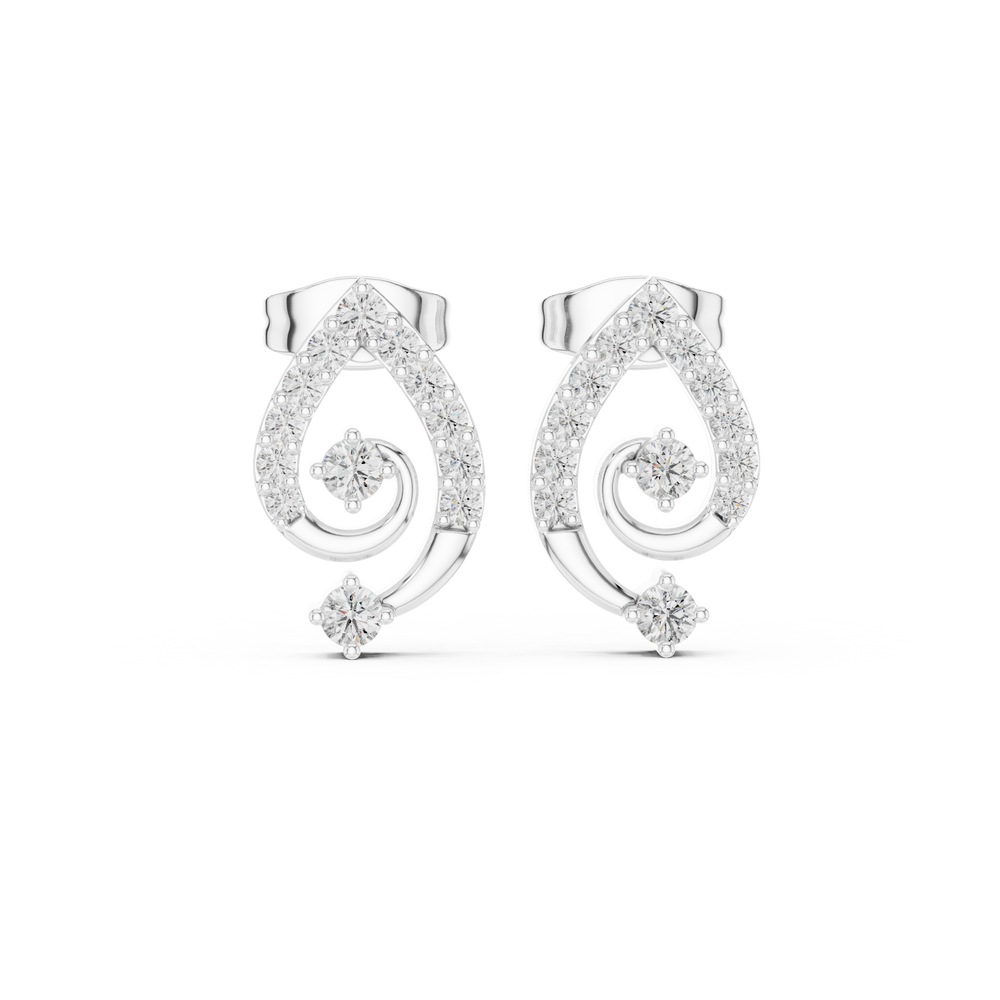Pave swirl solitaire stud earrings with open teardrop pave swirl frame and two prong set round solitaire accents
