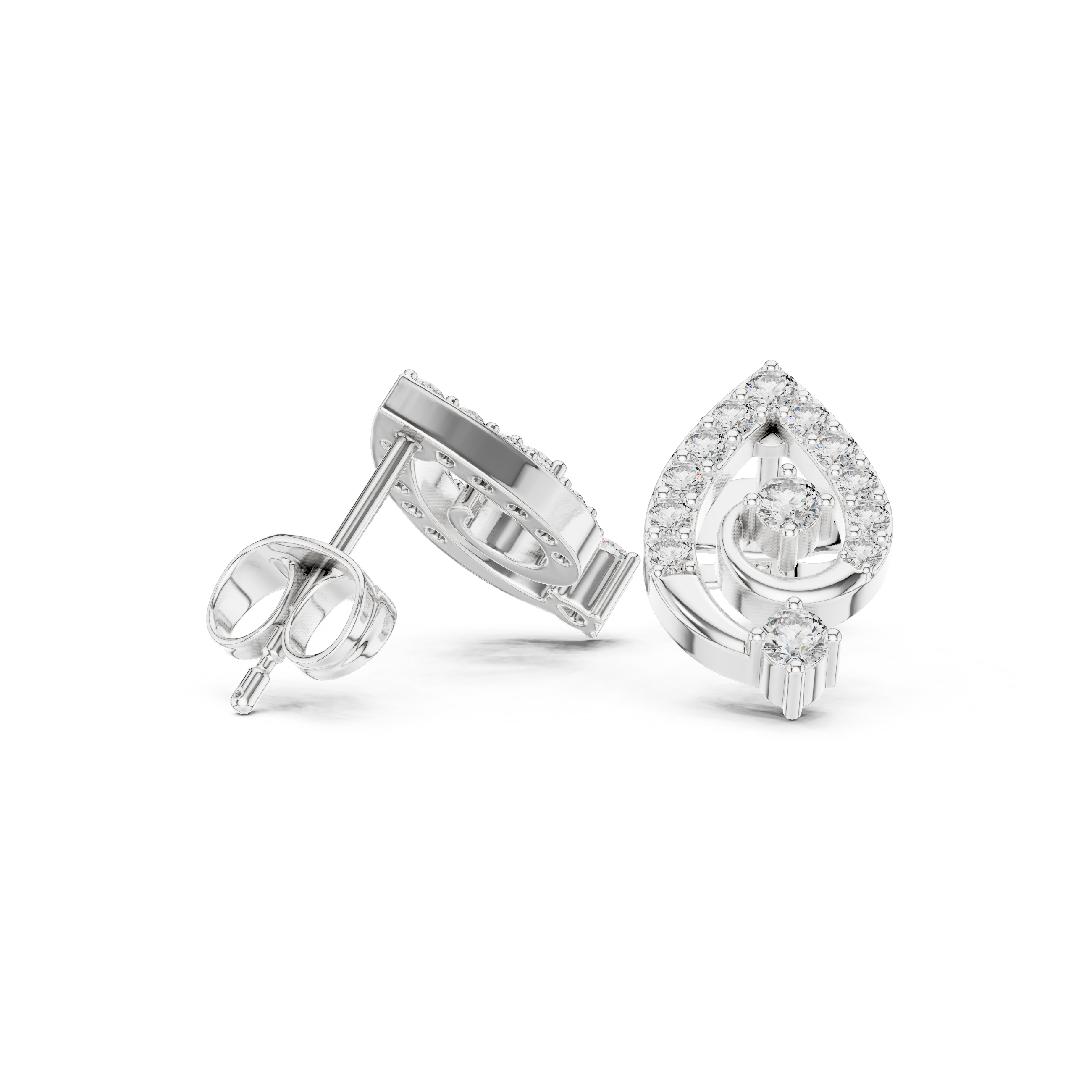 Pave swirl solitaire stud earrings with open teardrop pave swirl frame and two prong set round solitaire accents