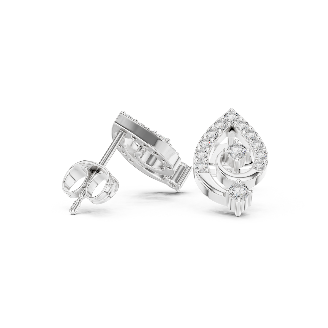Pave swirl solitaire stud earrings with open teardrop pave swirl frame and two prong set round solitaire accents