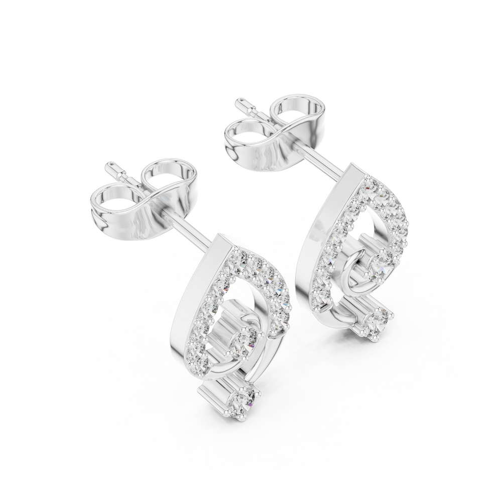 Pave swirl solitaire stud earrings with open teardrop pave swirl frame and two prong set round solitaire accents
